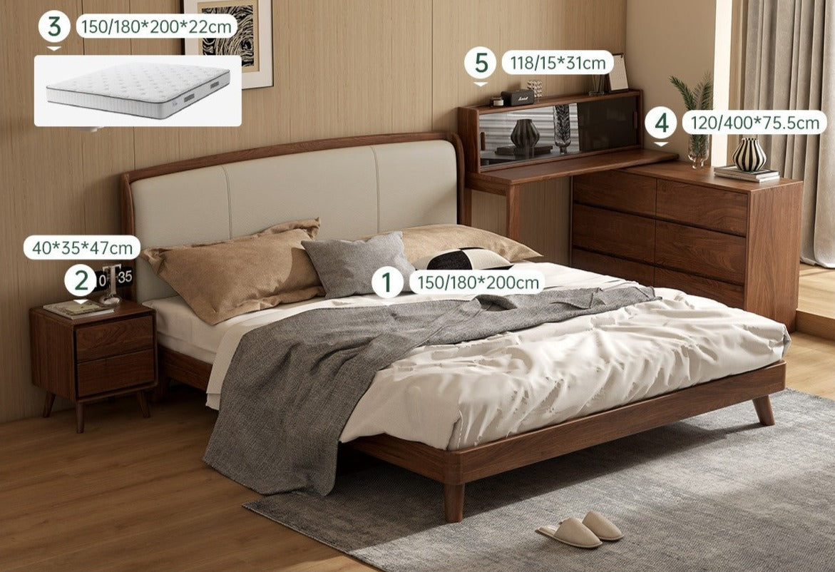 Bedroom four-piece set off-white leather bed + mattress + bedside table + dressing table