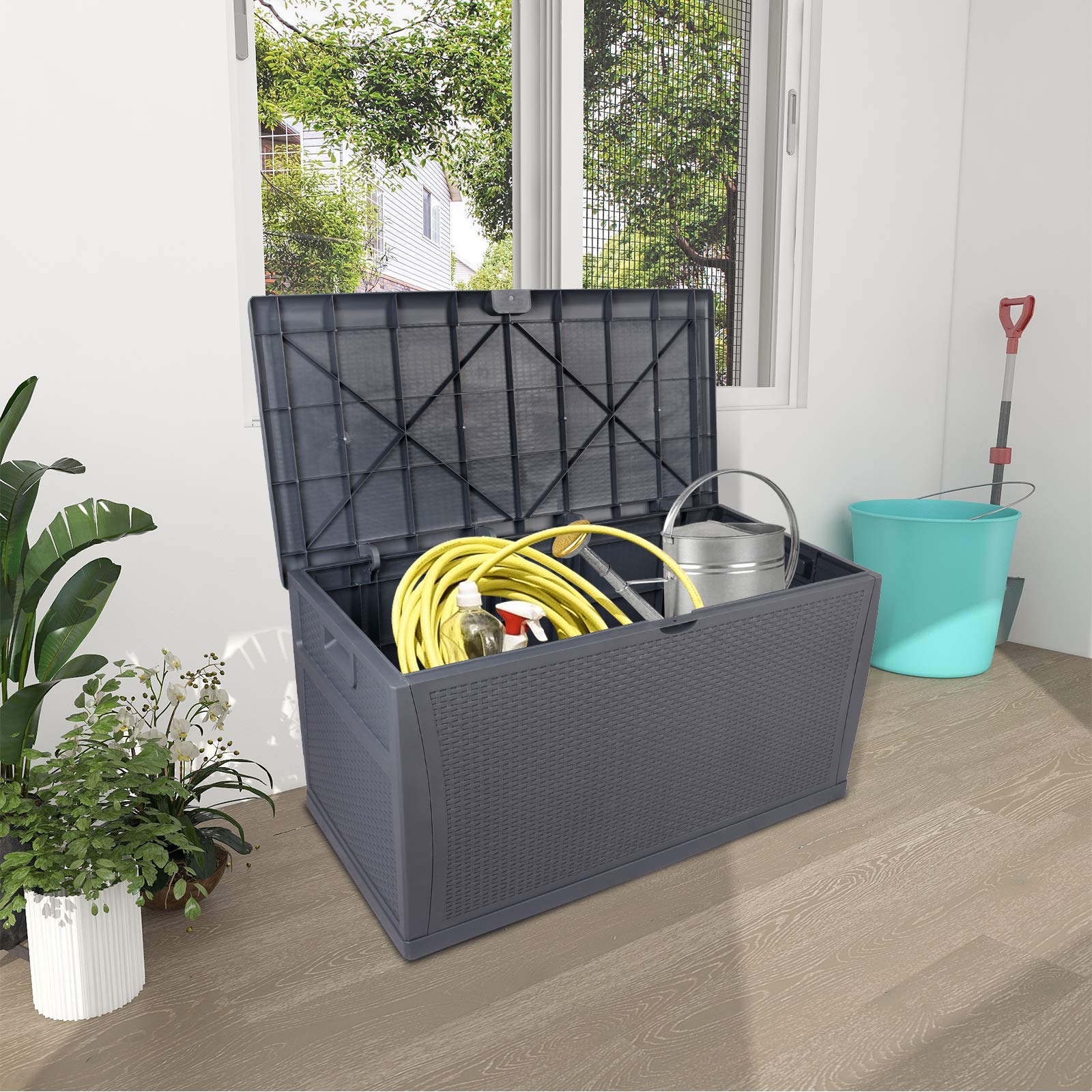 **Lockable 120 Gallon (460L) Waterproof Outdoor Storage Deck Box - Patio Garden Plastic Bench Seat with Lid, Grey - Perfect for Backyard, Deck, and Poolside Storage**