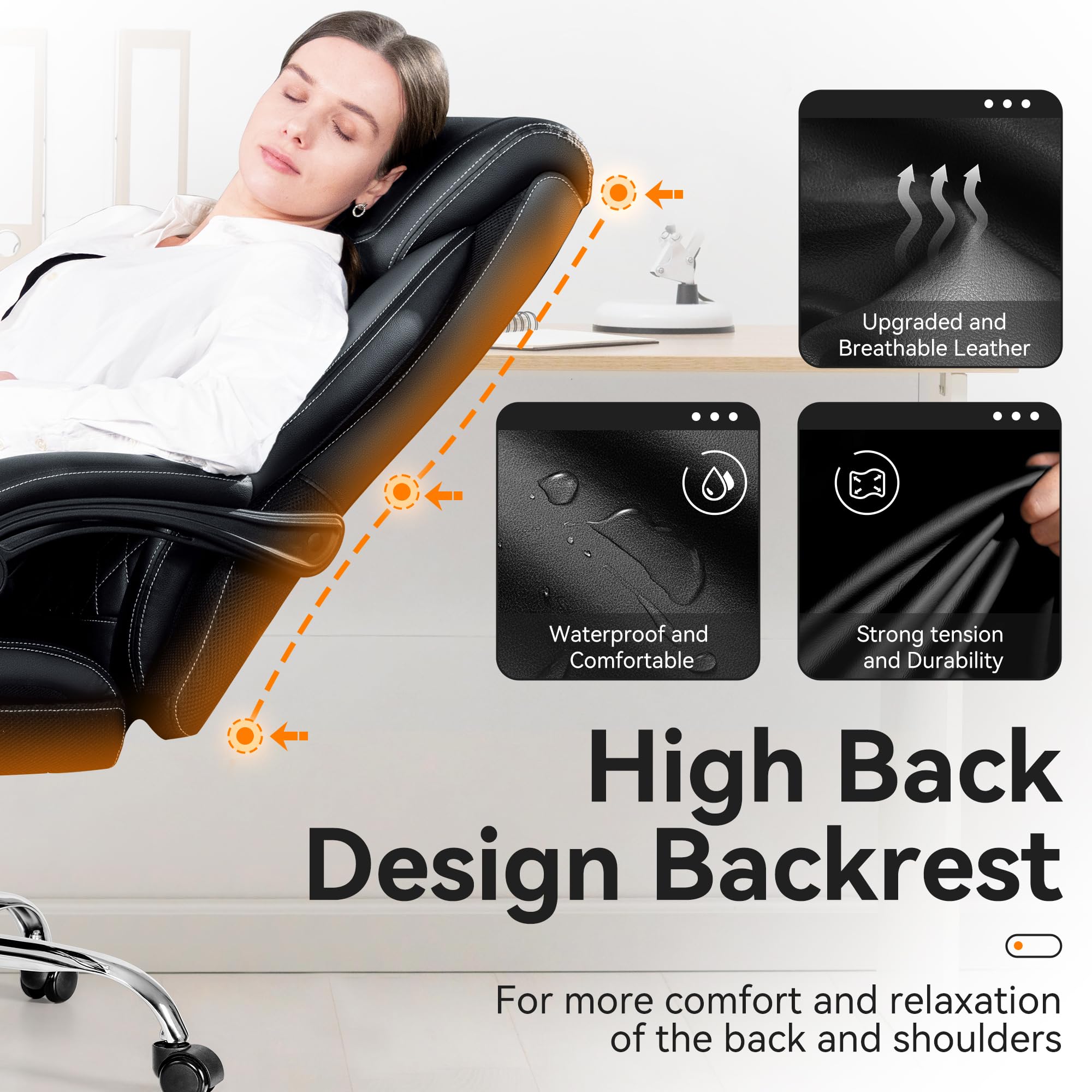 Premium Executive Leather Office Chair - Adjustable High Back Ergonomic Computer Desk Chair with Lumbar Support & Footrest - Big and Tall Comfortable Reclining Chair for Home Office, Conference Room & Gaming Setup