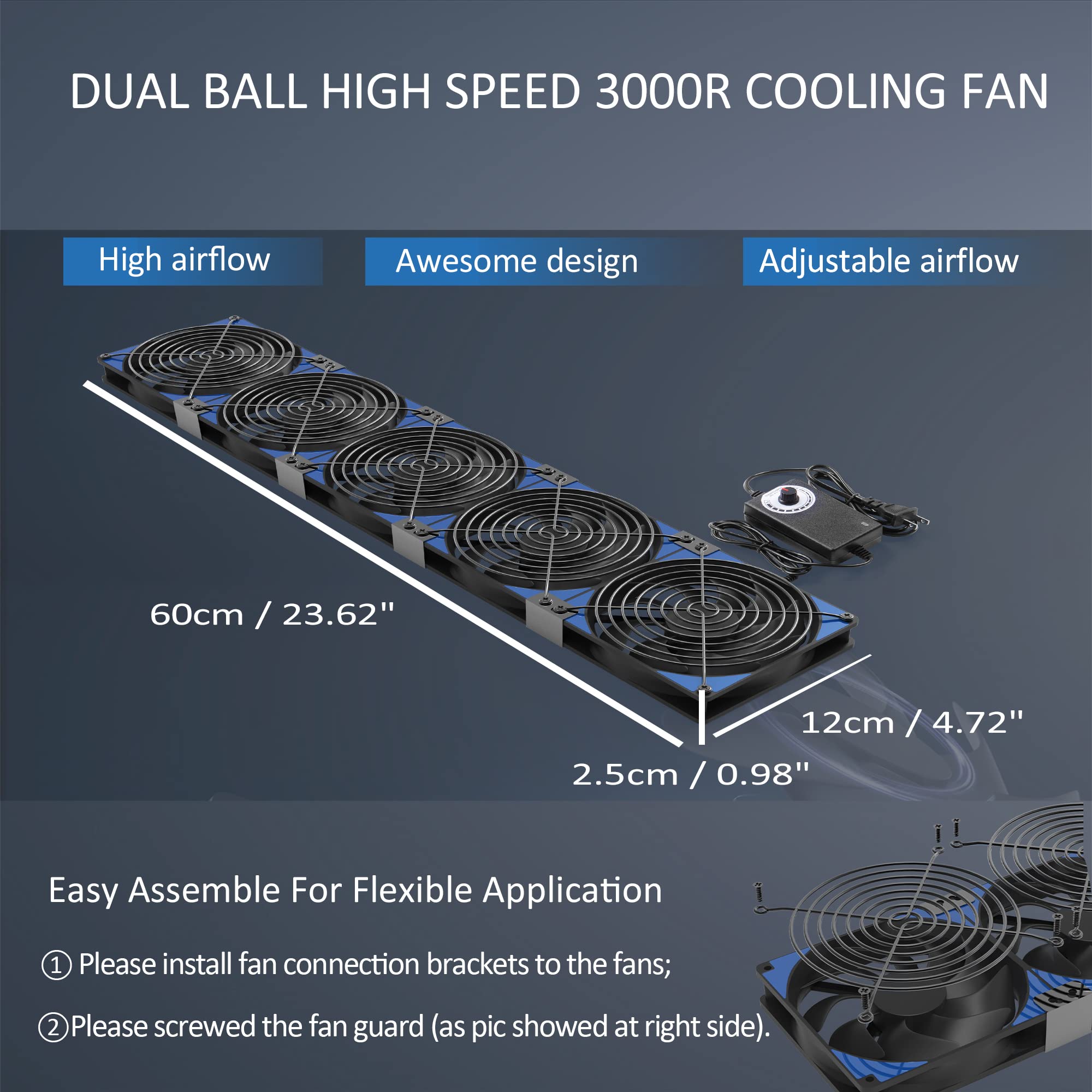120mm x 5 600mm Adjustable PC Case Fans with AC Plug, 3V-12V Speed Controller - Flexible Rack/Wall/Cabinet Mount for Server, Mining Rig, Chicken Coop & Home Ventilation Cooling System (Ideal for Computer, Data Center, Greenhouse & Pet Housing Air Circulation)