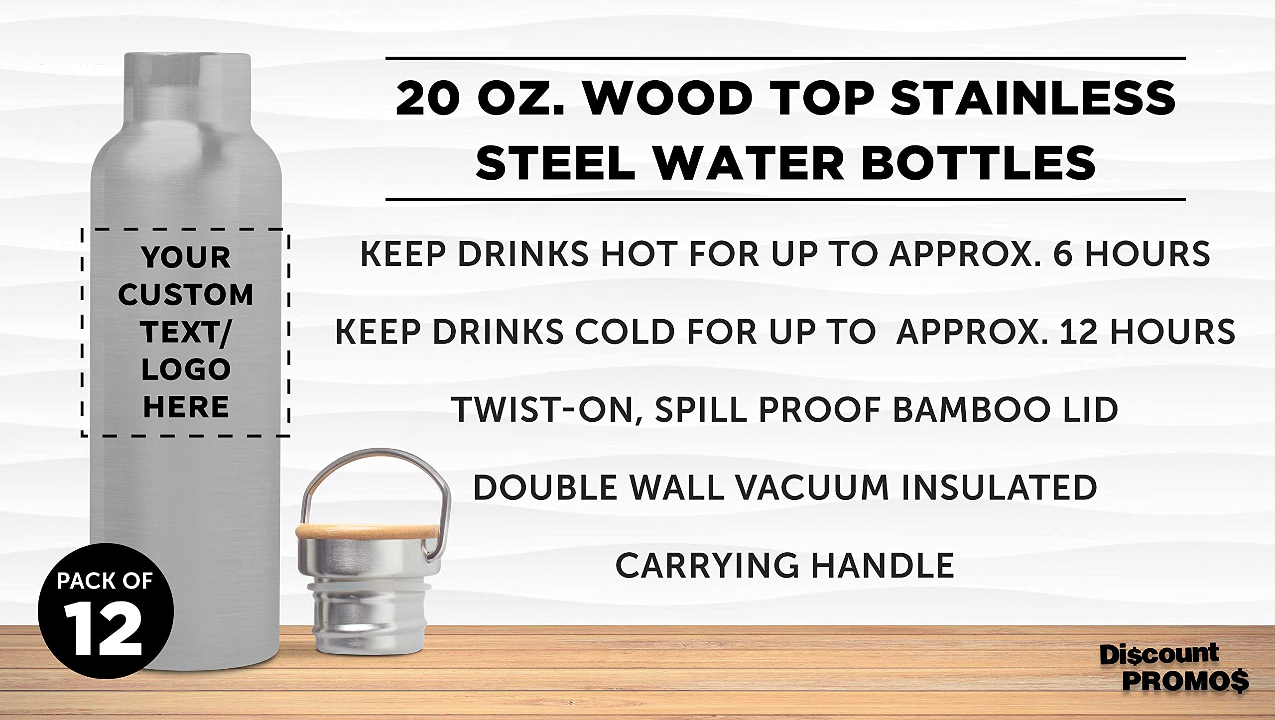 12 Pack Stainless Steel Water Bottles with Wooden Lid - 20 oz, BPA Free, Double Wall Insulated, Spill Proof - Custom Text & Logo - Perfect for Gym, Office, Hiking & Outdoor Activities