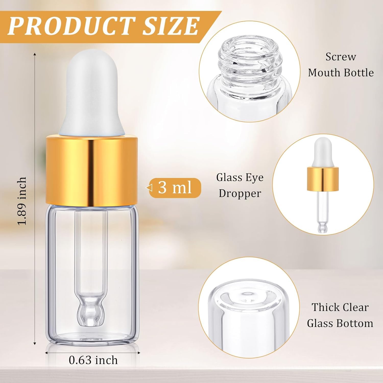 3ml Mini Clear Glass Dropper Bottles - Small Travel Sample Vials for Essential Oils, Perfume, Cosmetics & Liquids (Pack of 3) - Perfect for DIY Blends, Aromatherapy & On-the-Go Use