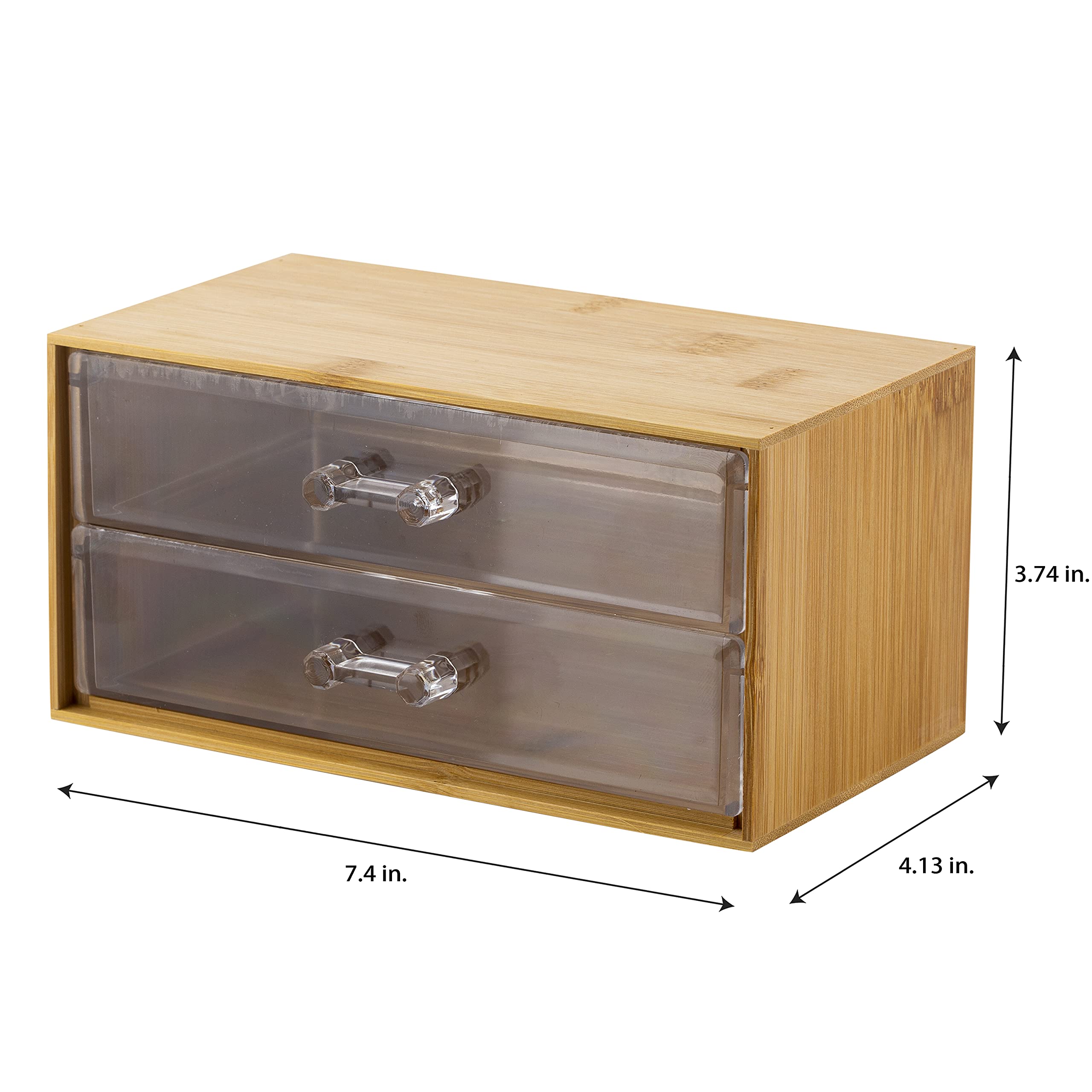 2-Tier Cosmetic and Jewelry Organizer - Clear Acrylic & Bamboo Makeup Storage Box for Vanity, Dresser or Bathroom Countertop - Perfect for Organizing Makeup Brushes, Rings, Earrings and Beauty Accessories