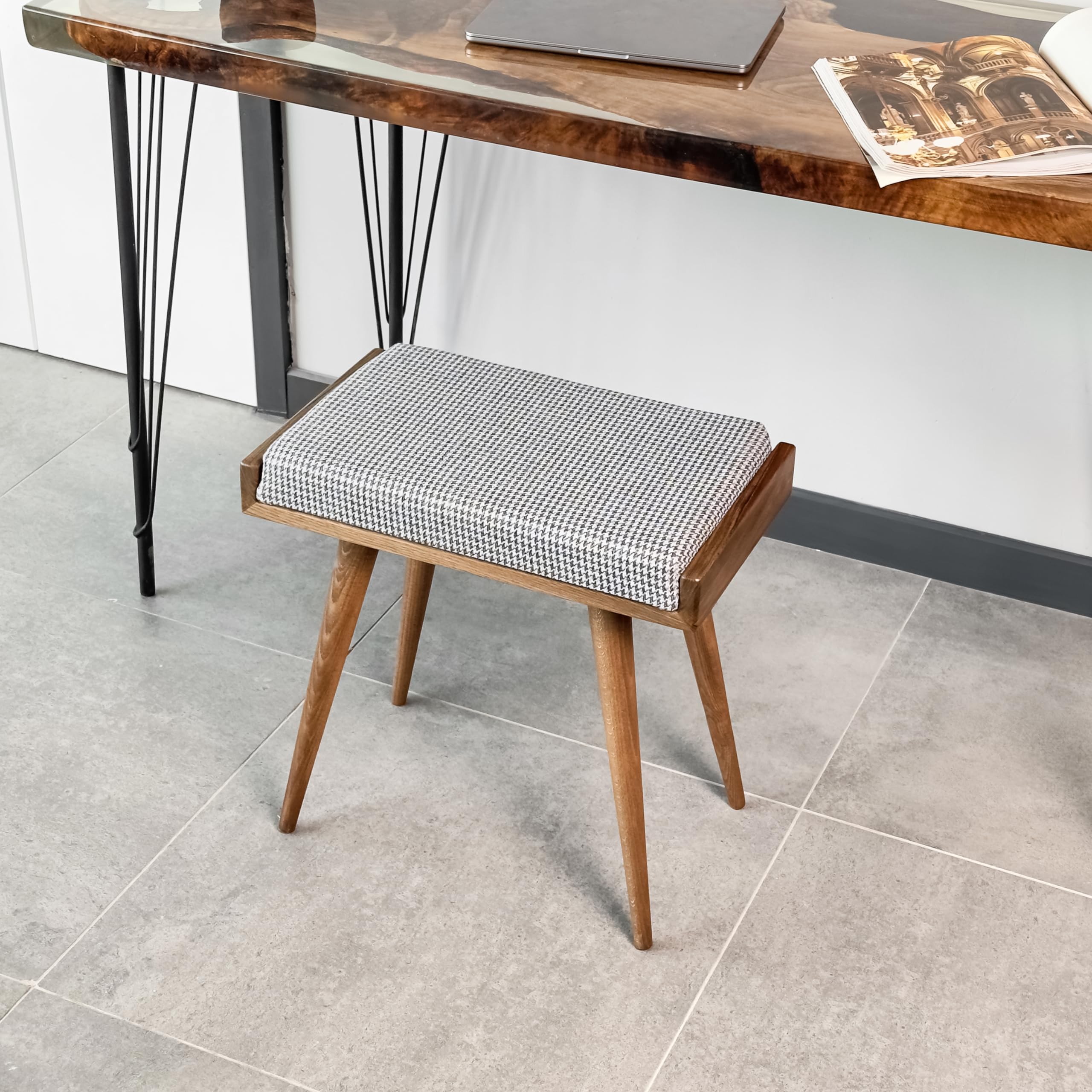 Walnut Ottoman Stool for Living Room - Upholstered Crowbar Pattern Fabric - Multi-Functional Piano Bench, Bedroom Seat & Footrest - Perfect for Home Decor, Relaxation & Extra Seating