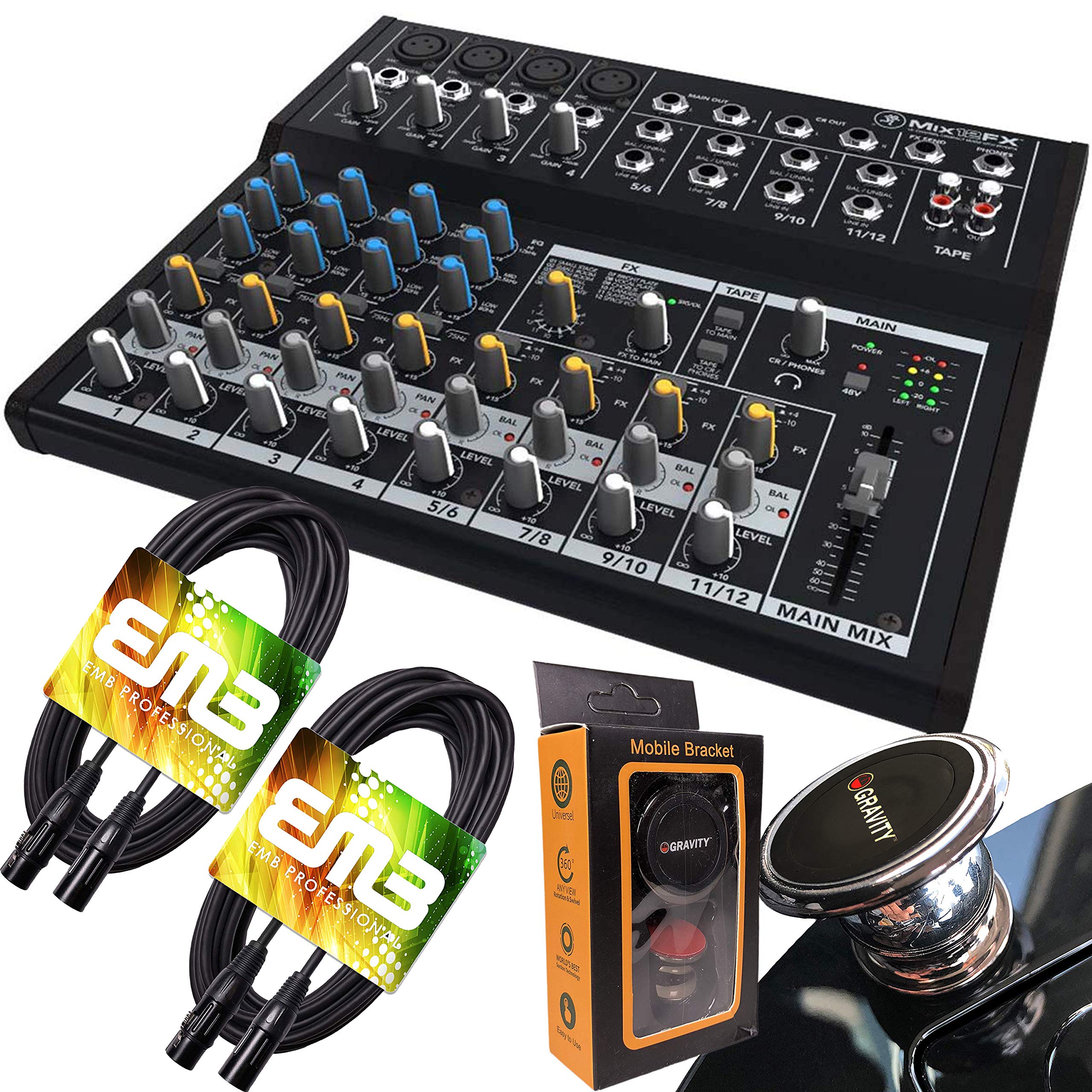 Mackie Mix12FX 12-Channel Professional Audio Mixer with Built-In Effects, Includes EMB XLR Cables & Magnetic Phone Holder - Perfect for Live Performances, Podcasting & Home Studio Recording