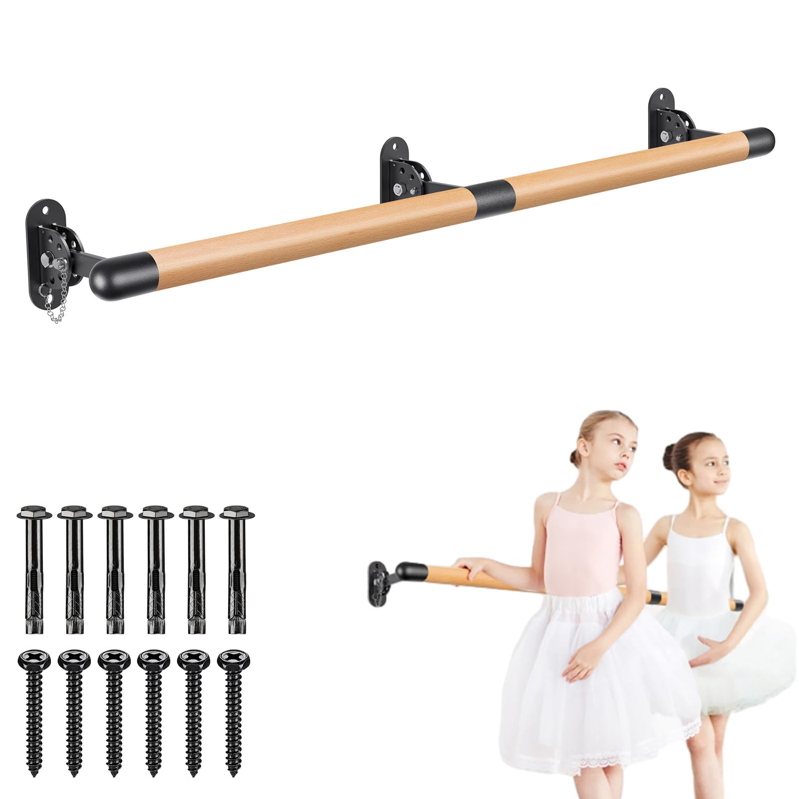 BeneLabel Adjustable Wall Mount Ballet Barre - Solid Wood Dance Bar with Metal Brackets for Ballet, Dance Training, Home Gym & Studio Use