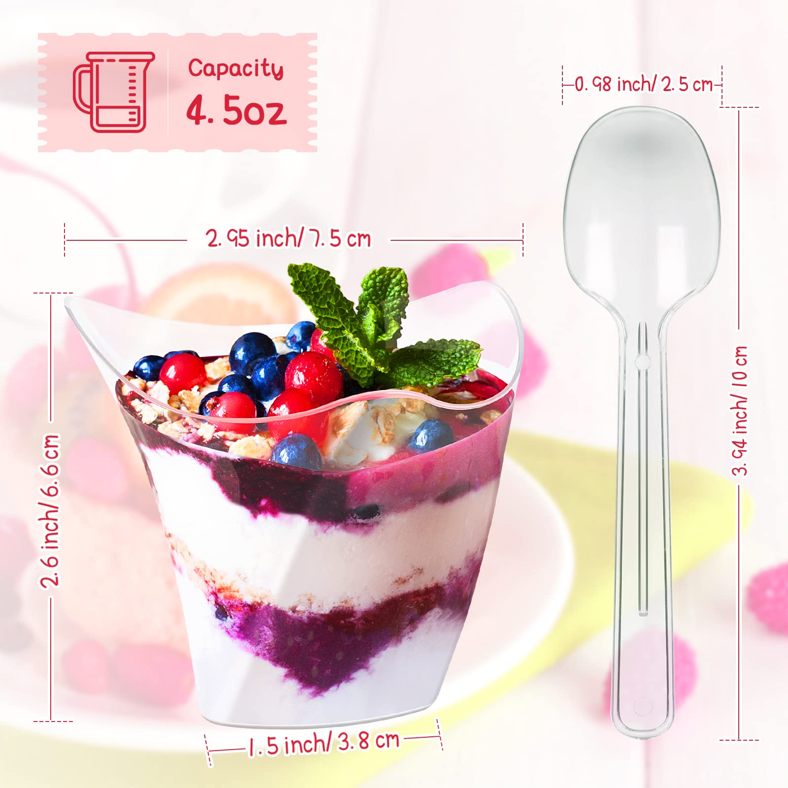 Honeydak 100-Pack 4.5 oz Clear Plastic Dessert Cups with Spoons - Disposable Mini Parfait, Mousse, Trifle, Pudding & Fruit Serving Cups for Parties, Catering & Home Entertaining