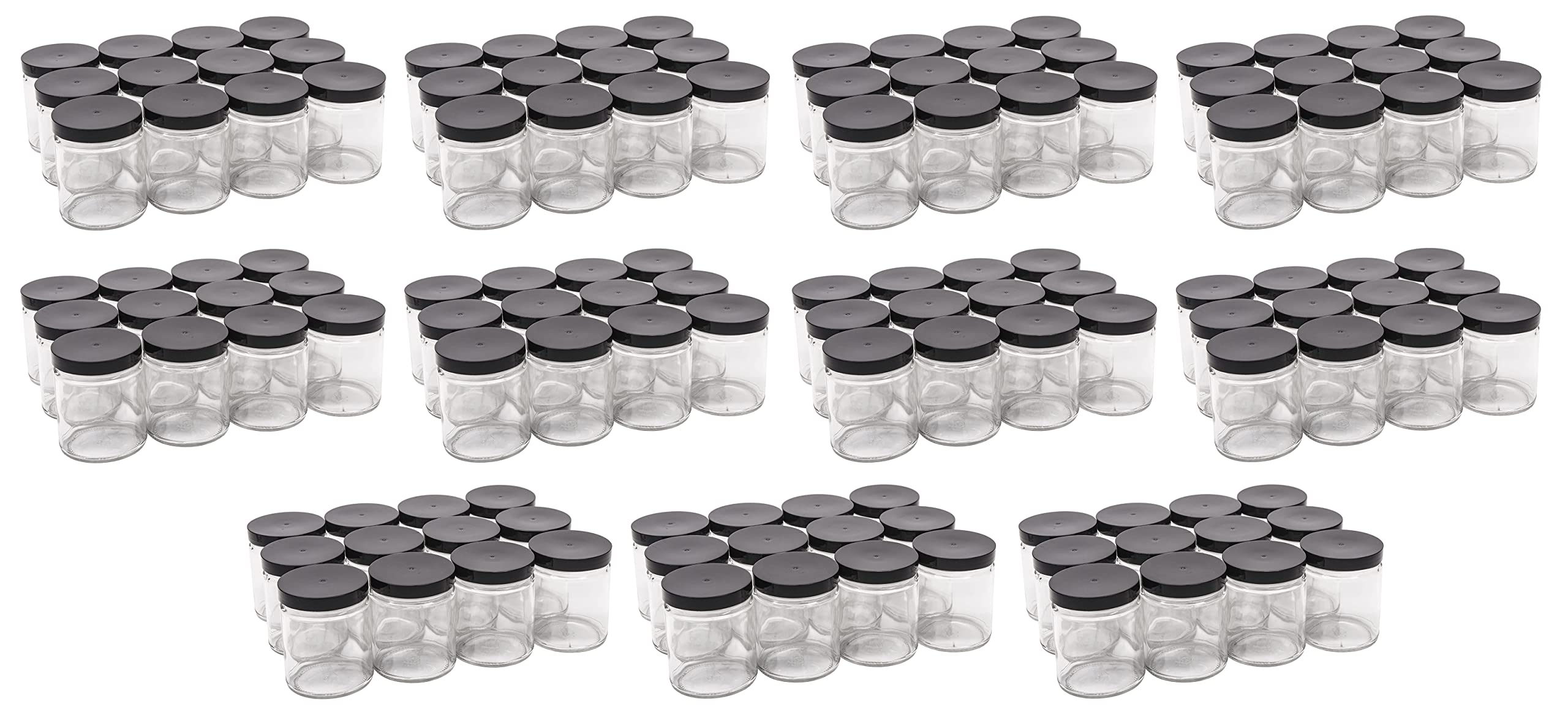 North Mountain Supply 9oz Glass Straight Sided Mason Canning Jars with 70mm Black Plastic Lids - 132 Jars & Lids (11 Cases of 12) - Perfect for Home Canning, Food Storage, DIY Crafts and Gift Packaging