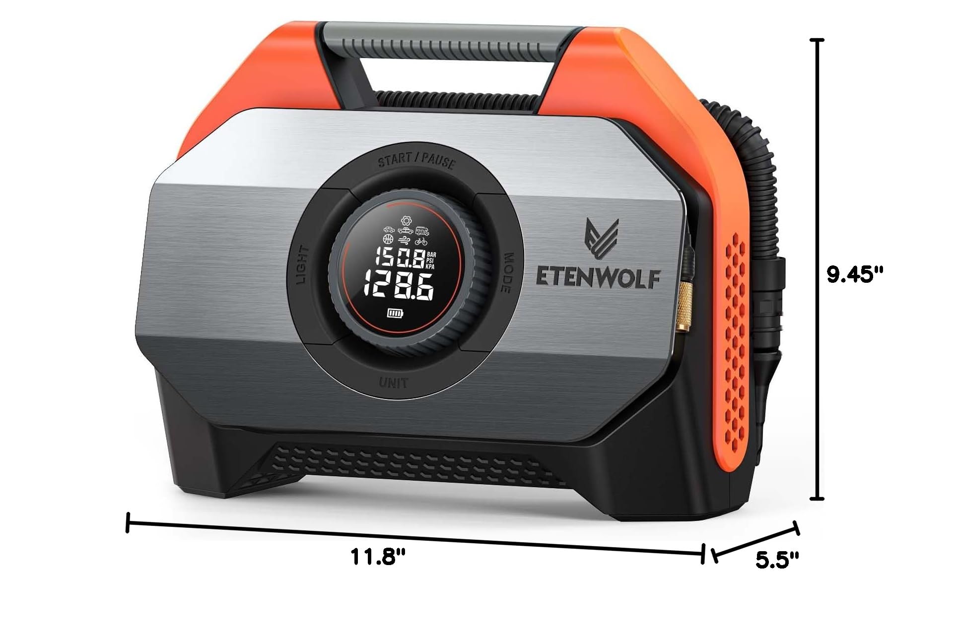 ETENWOLF VORTEX S6 Heavy-Duty Cordless Tire Inflator - 19200mAh Portable Air Compressor for Cars, Trucks, SUVs & Inflatables | 100% Duty Cycle Dual Cylinder Bike Pump | Fast Inflation for Emergency Roadside & Camping Use (Vivid Orange)