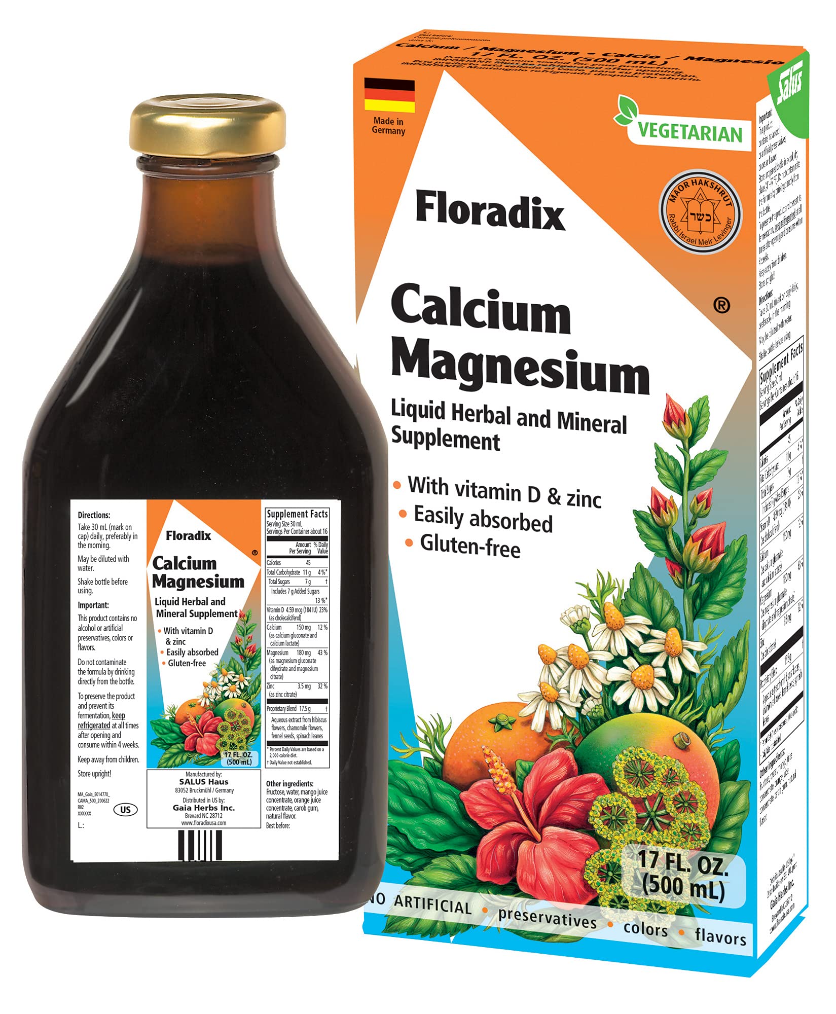Floradix Calcium & Magnesium Liquid Extract - 17 oz | Supports Healthy Bones & Joints | Dietary Supplement for Adults & Seniors | Ideal for Active Lifestyles & Bone Health Maintenance
