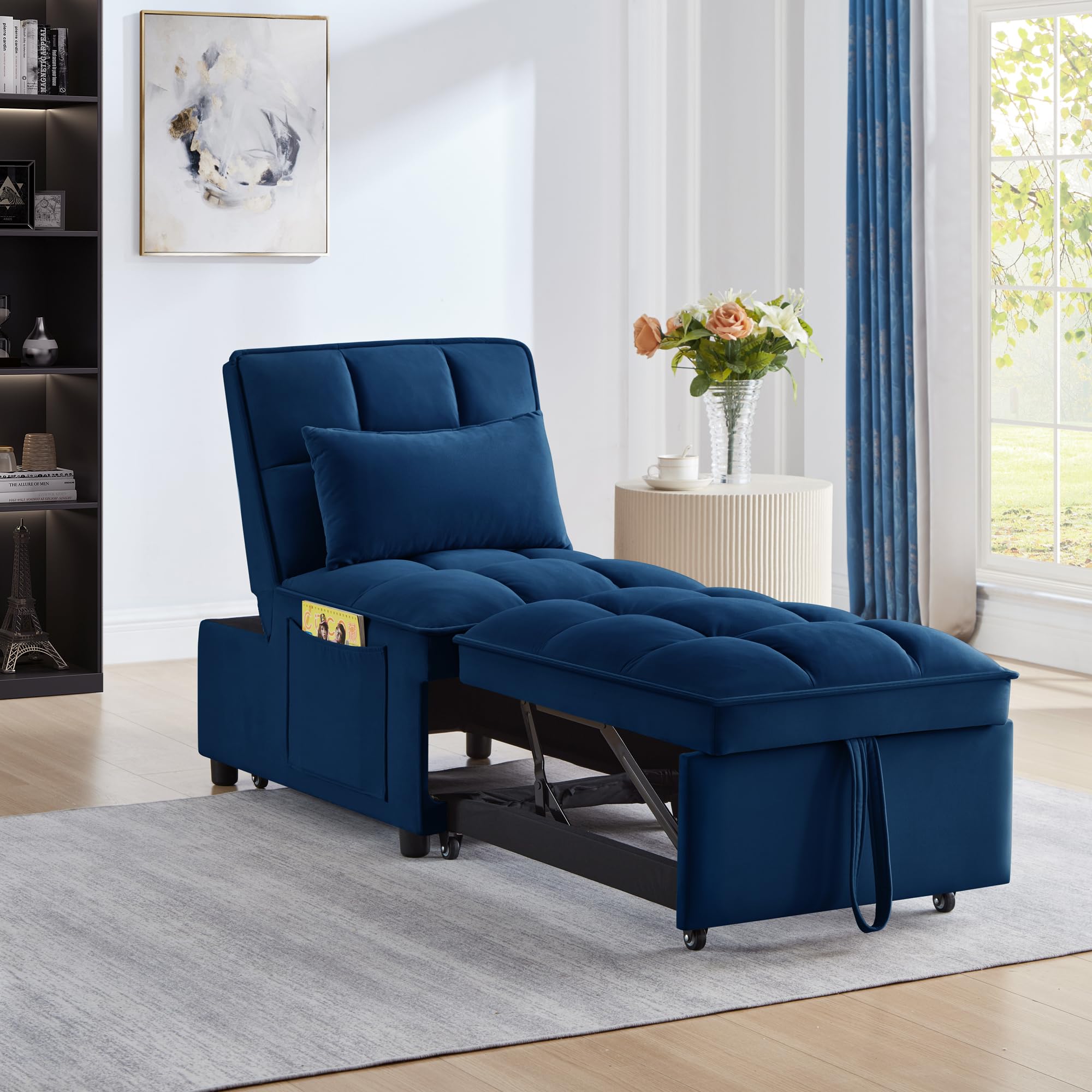 4-in-1 Convertible Sleeper Chair Bed - Adjustable Backrest Folding Sofa Bed with Storage Pockets | Modern Velvet Chaise Lounge (Navy) | Perfect for Small Spaces, Guest Rooms & Studio Apartments