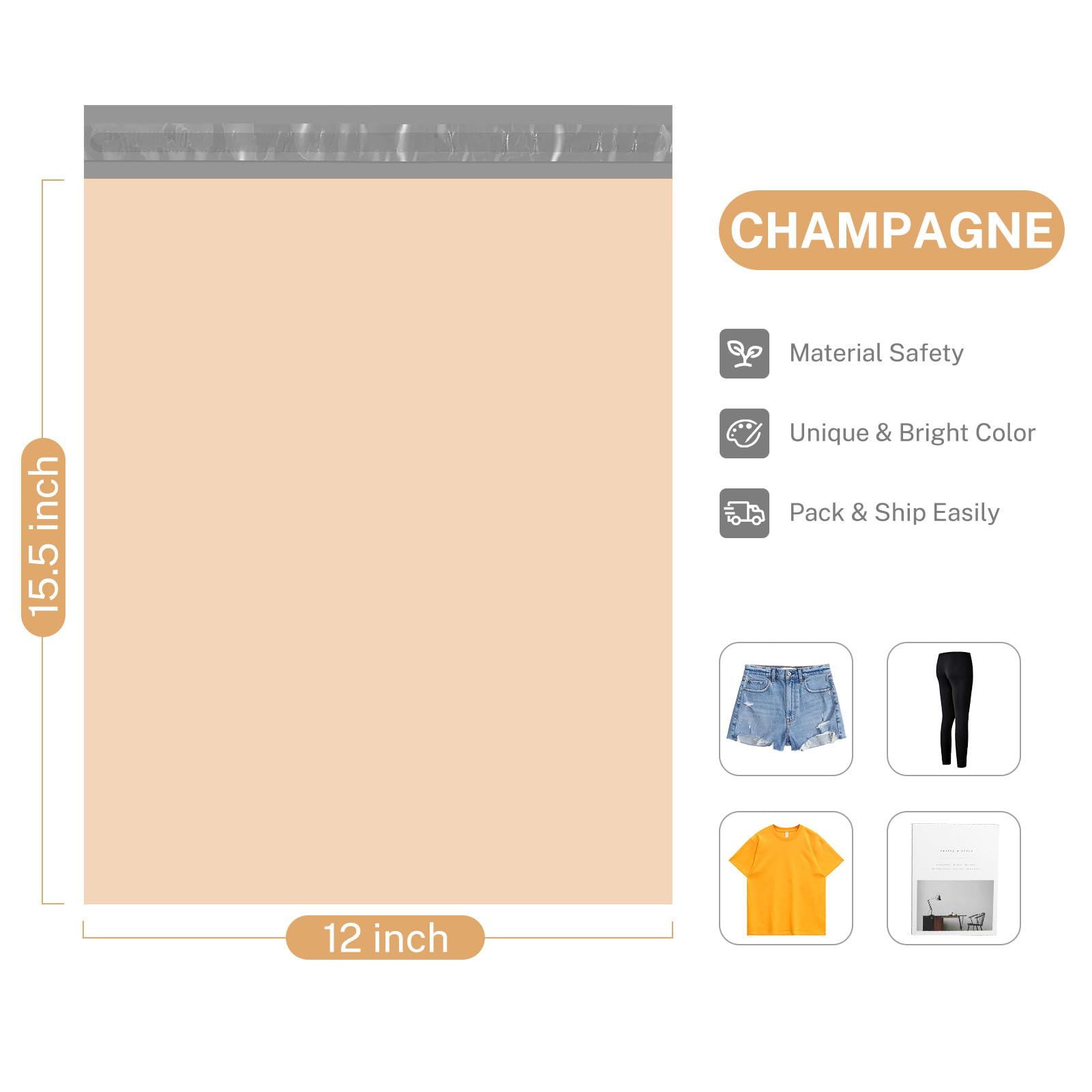 Metronic 12x15.5 Inch Champagne Poly Mailers - 100 Pack Self-Sealing Shipping Envelopes for Clothes & Apparel | Durable Mailing Bags for Small Business, Ecommerce & Online Retail Packaging | Perfect for Shipping T-Shirts, Dresses & Lightweight Items