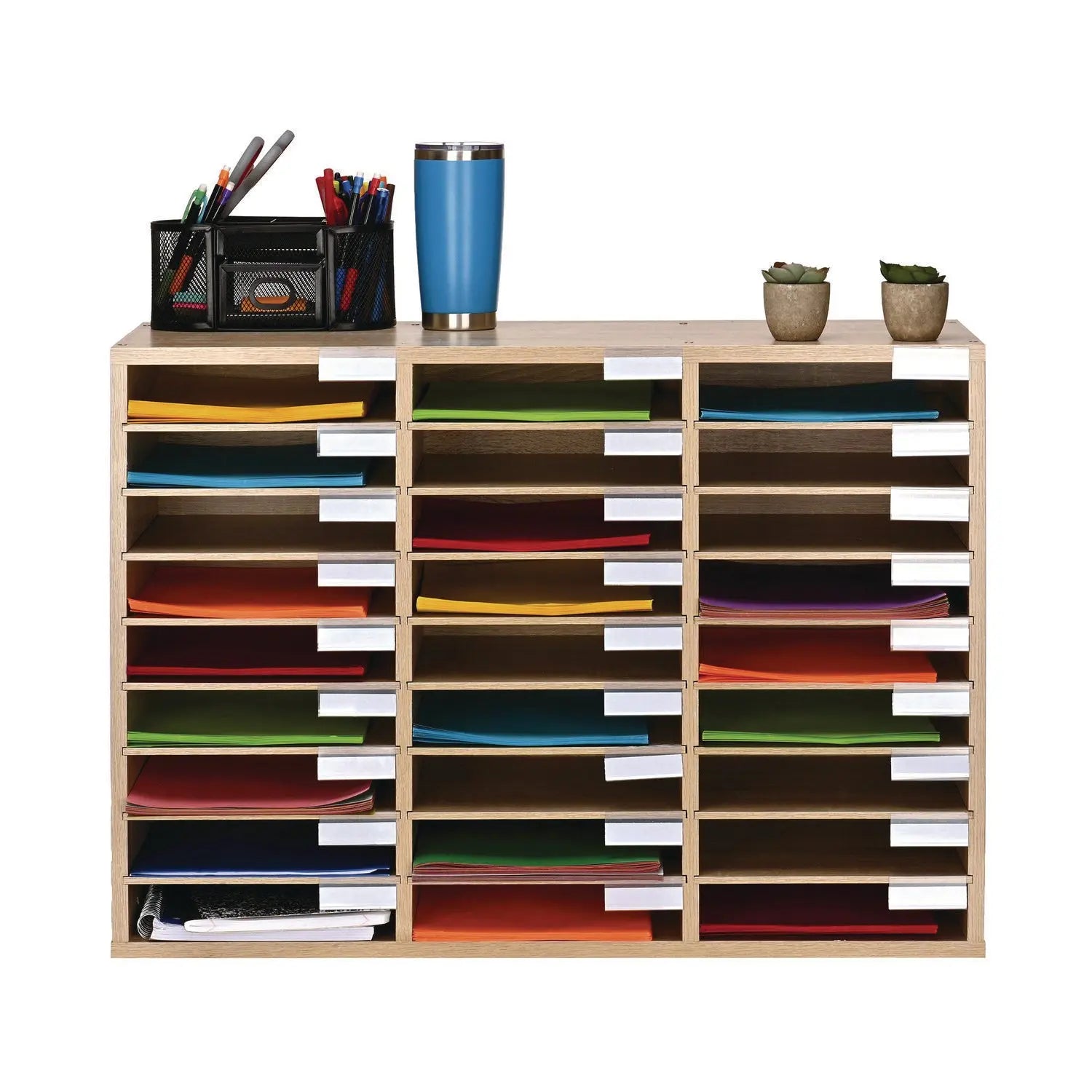 AdirOffice Wooden 27-Section Letter Size Literature Organizer - Medium Oak File Sorter (31.49
