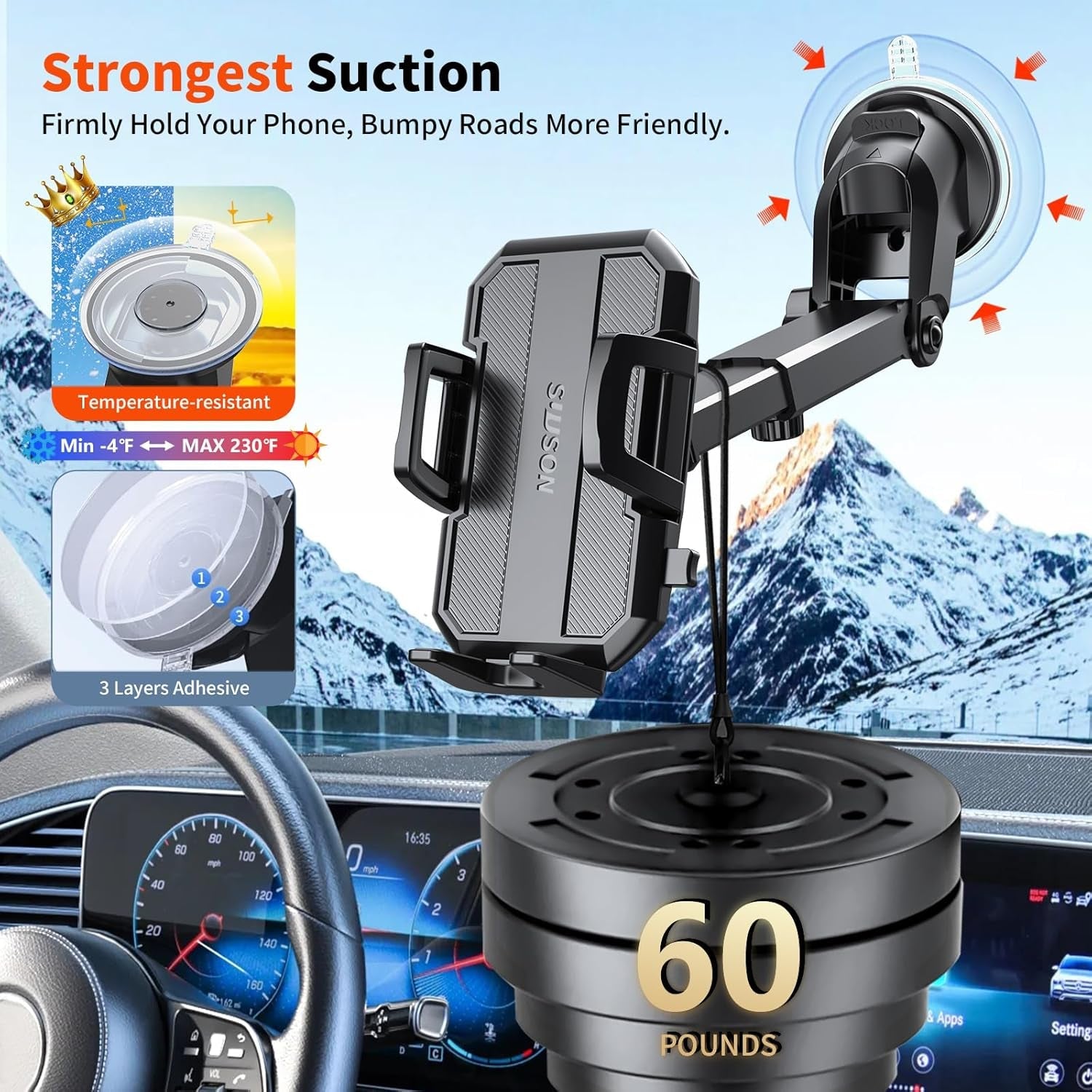 Upgraded 3-in-1 Car Phone Holder Mount - Powerful Suction Cup for Dashboard, Air Vent & Windshield - Universal Phone Mount Compatible with iPhone & Android - Perfect for GPS Navigation & Hands-Free Driving (Black)