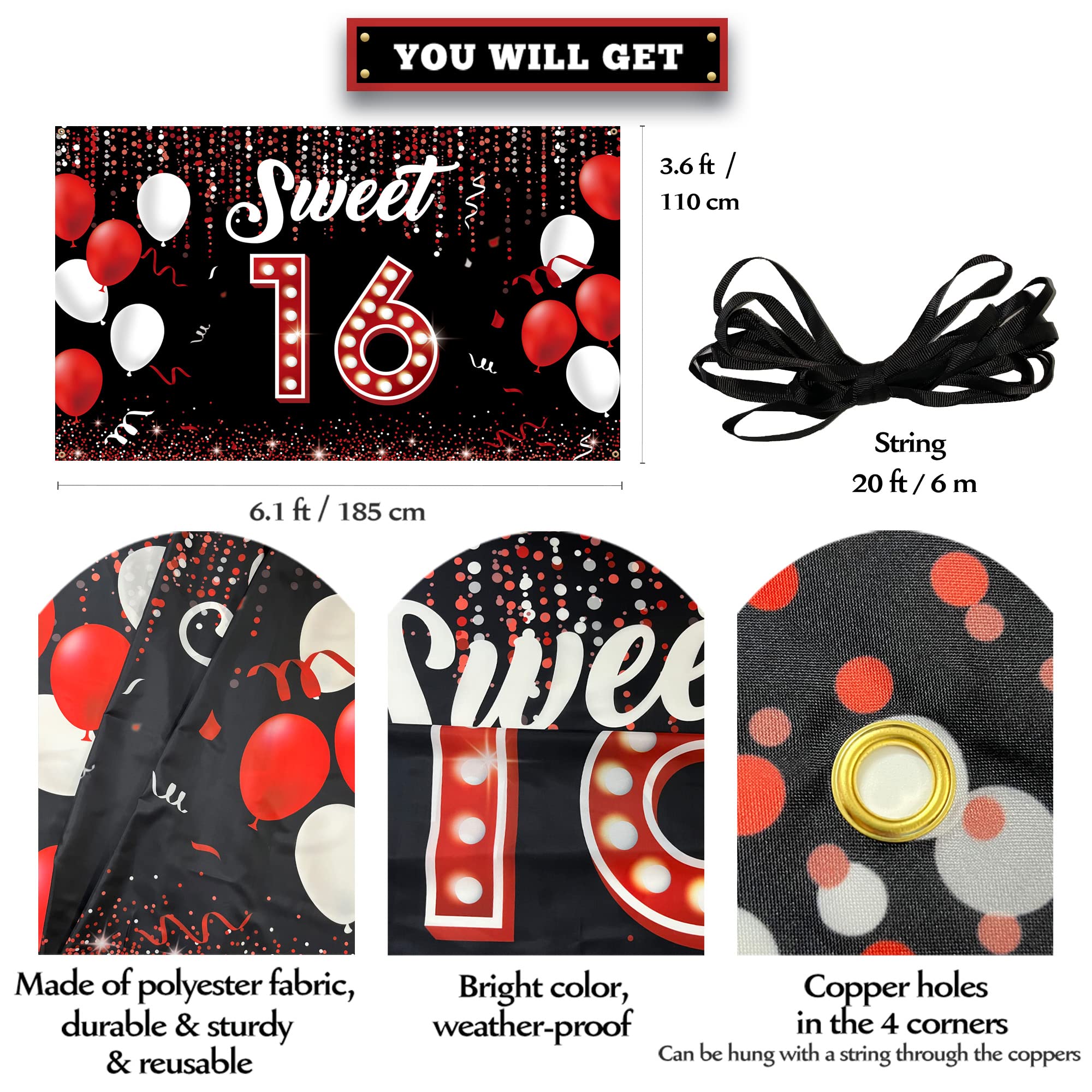 Sweet 16 Birthday Backdrop Banner - Happy 16th Birthday Decorations for Girls & Boys - Red & Black Sweet Sixteen Party Supplies - Indoor/Outdoor Yard Sign & Photo Booth Props - Premium Fabric Decor by Vicycaty - Perfect for Birthday Parties, Photo Shoots & Celebrations