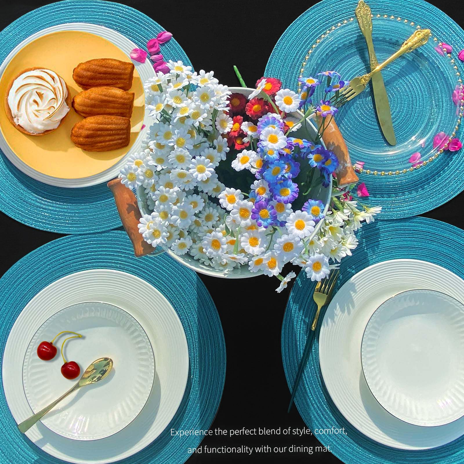 FunWheat Round Braided Placemats Set of 4 - Heat Resistant Woven Table Mats for Dining - 15 Inch Teal Placemats - Perfect for Dinner Parties, Family Gatherings & Holiday Decor