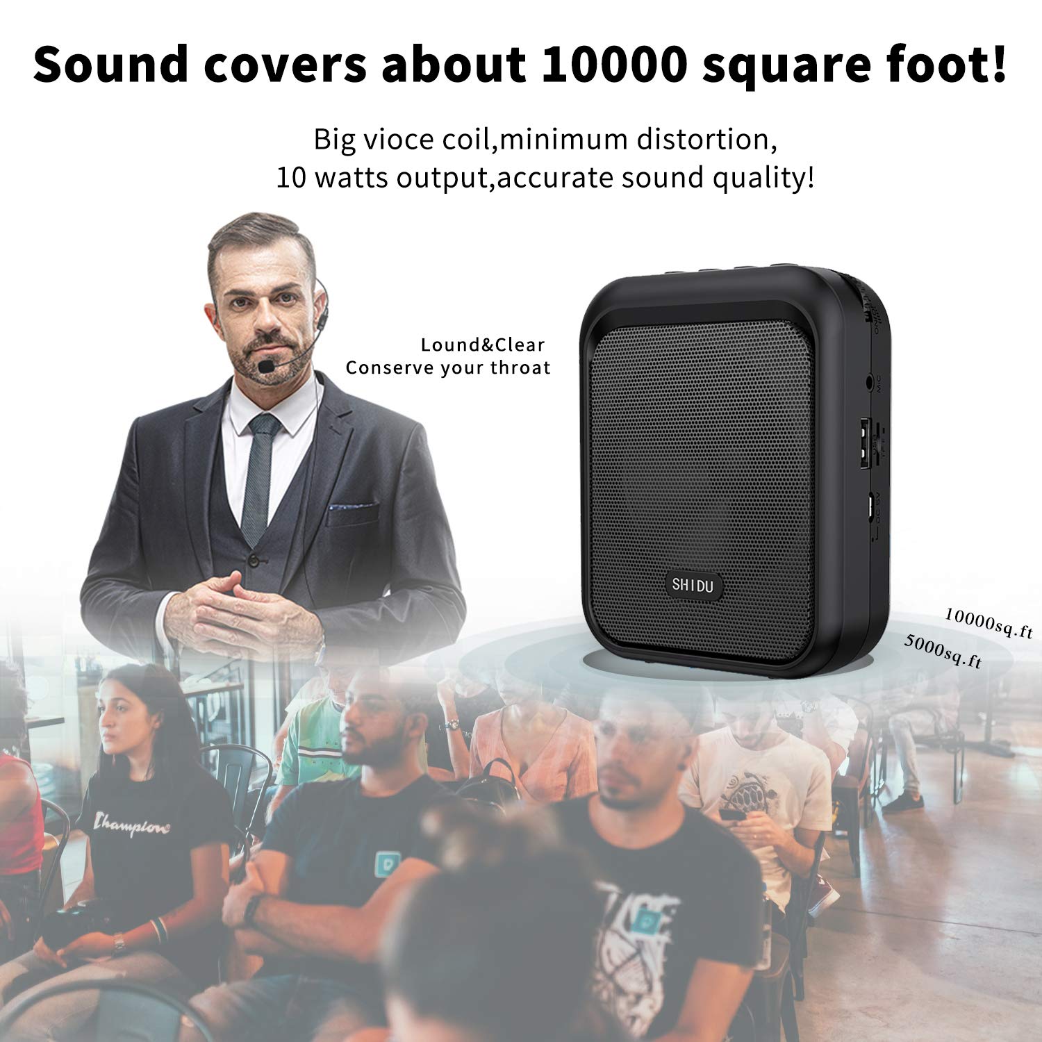 SHIDU Mini Voice Amplifier - Portable Rechargeable 10W Bluetooth Speaker with Wired Microphone Headset, 1800mAh Battery, MP3 Support - Perfect for Teachers, Taxi Drivers, Coaches, Tour Guides & Public Speaking