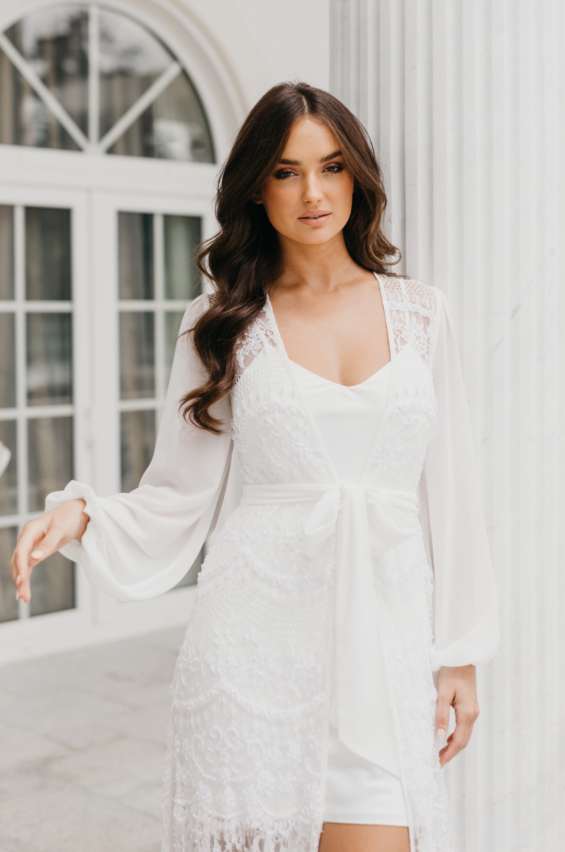 Elegant Hand-Beaded Pearl Maxi Bridal Robe with Slip - Perfect for Wedding, Bridal Shower & Honeymoon Getaway