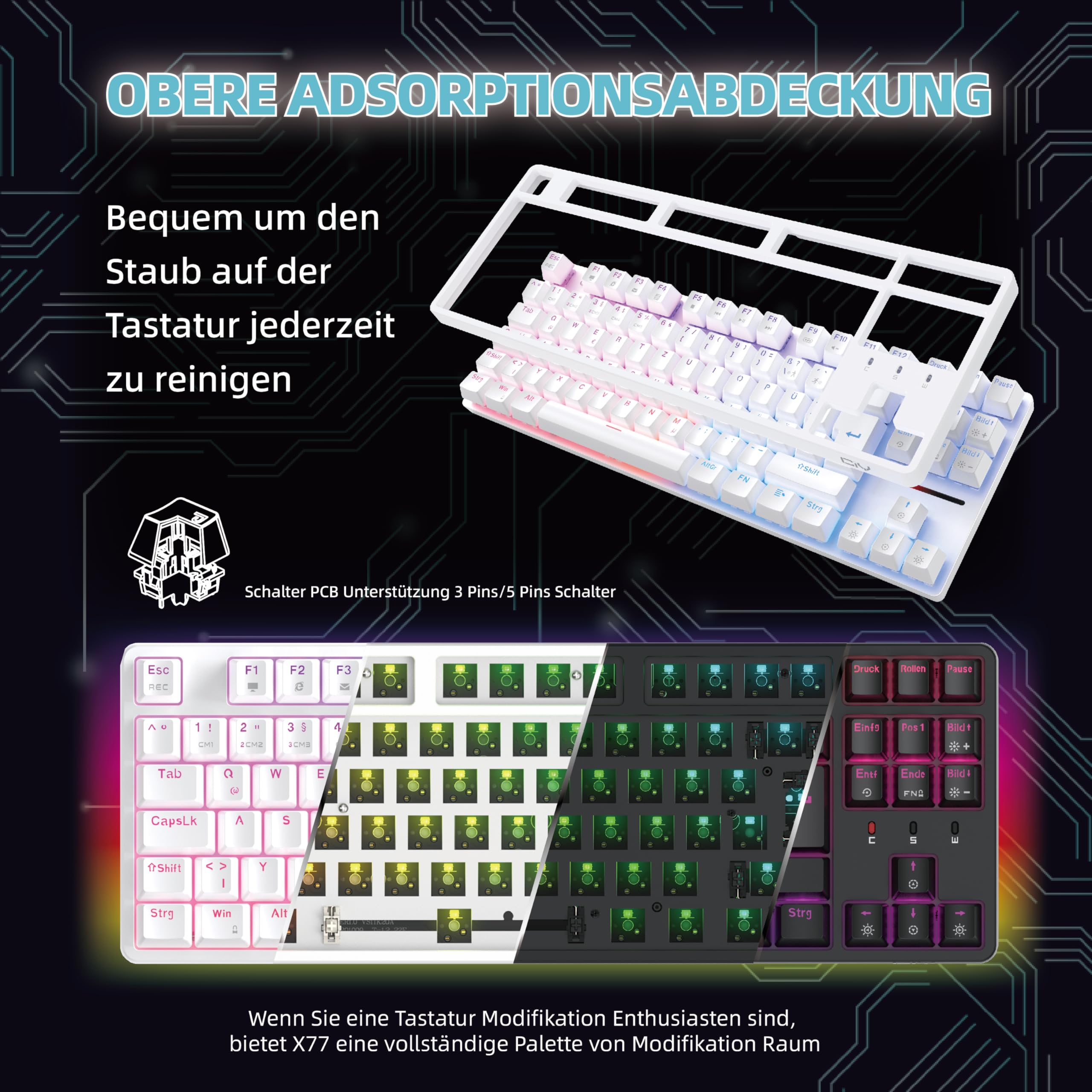 CIY X77 RGB Mechanical Keyboard - Hot-Swappable, 87 Keys for Gaming & Office (White/Brown Switch)