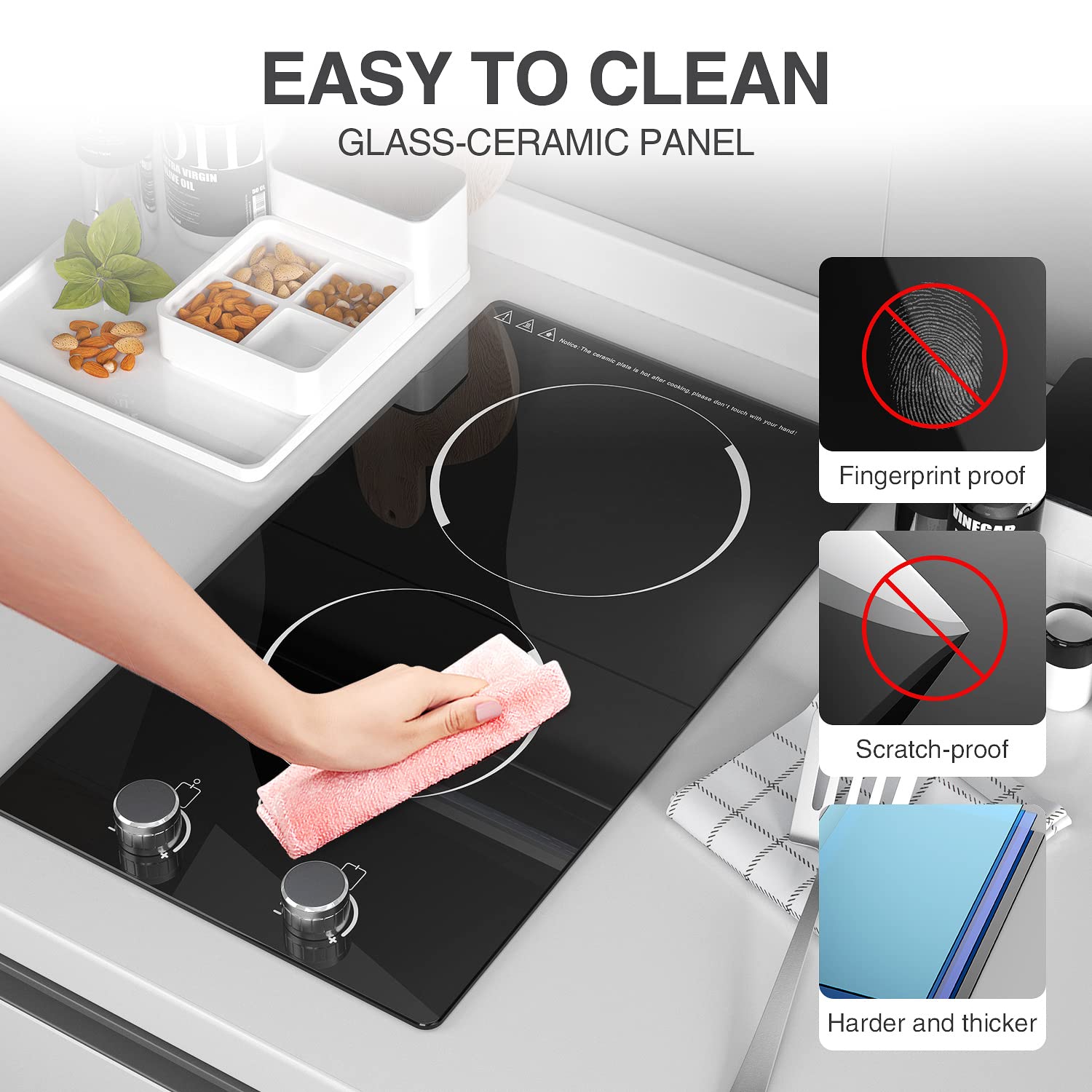 110V 2100W Electric Induction Cooktop with Knob Control - 10 Power Levels, Child Safety Lock, Timer & Overheat Protection - Built-in Radiant Double Burner for Fast Cooking - Perfect for Apartments, Dorms & Small Kitchens
