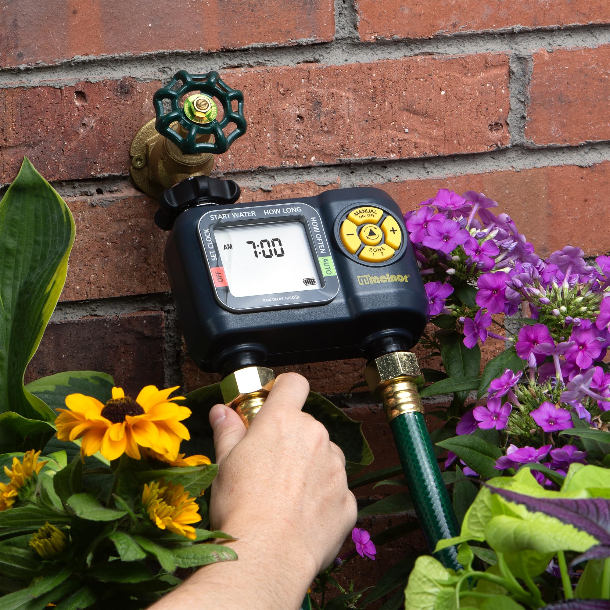 Melnor 65139AMZ AquaTimer Digital Hose Timer - 2-Zone Programmable Watering System with Quick Connect | Automatic Garden Irrigation for Lawns, Flower Beds & Potted Plants | Black & Yellow Design