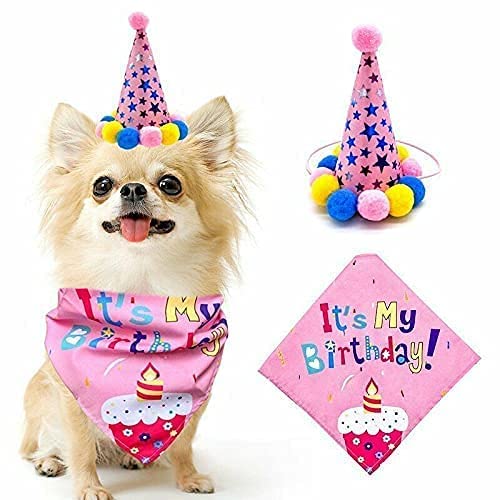 Pet Birthday Party Hat & Bandana Set - Cute Puppy Cat Costume Headwear for Dogs & Cats - Pink Birthday Decorations & Accessories for Boys & Girls - Perfect for Pet Birthday Parties & Photo Shoots