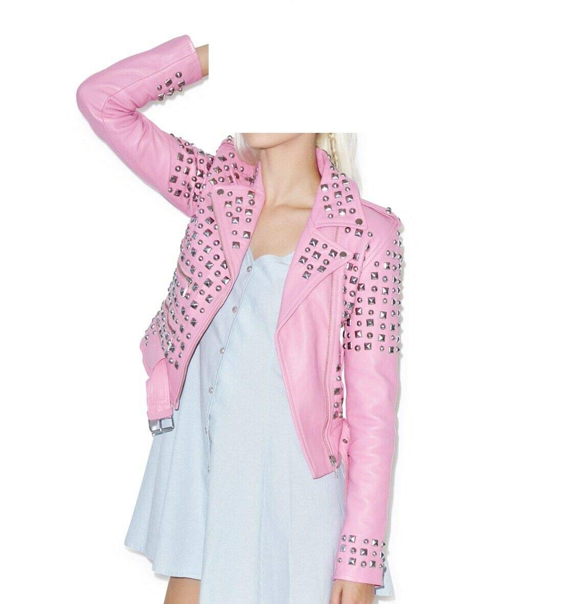 Women's Pink Spikes Leather Jacket - Brando Studded Punk Rock Motorcycle Jacket for Ladies | Edgy Fashion for Concerts, Biker Rides & Night Out