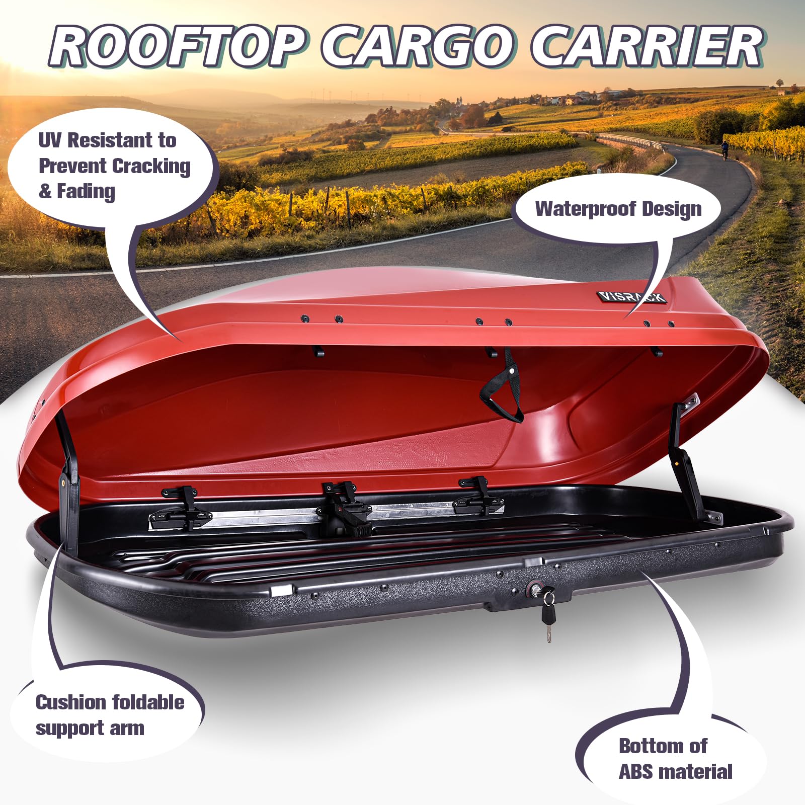 14 Cubic Feet Rooftop Cargo Carrier - Heavy Duty Waterproof Hard Shell Car Top Storage Box with Dual Side Opening for Travel & Luggage - Perfect for Road Trips, Camping Gear & Outdoor Adventures (Red)