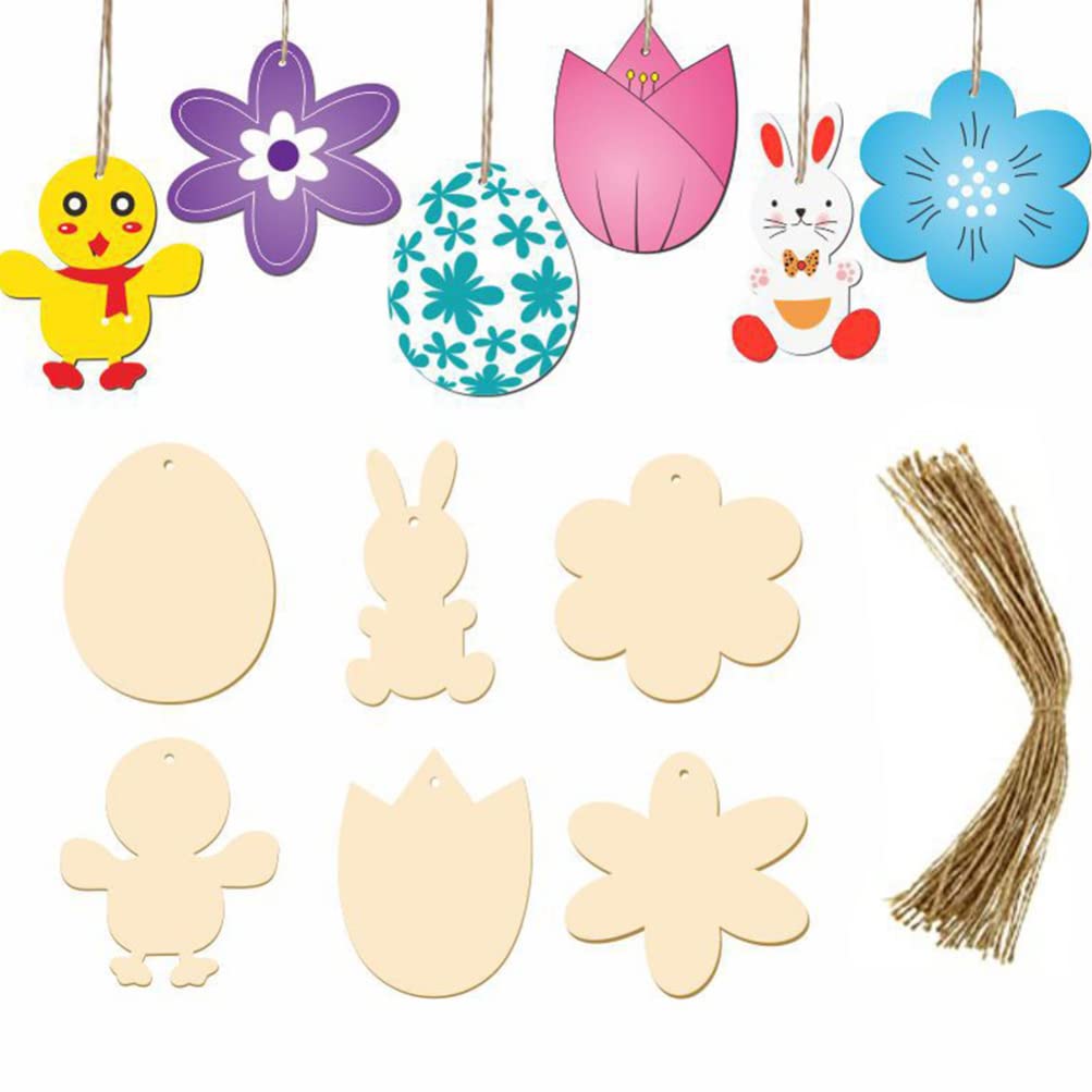 Healifty 60pcs Unfinished Easter Wooden Ornaments Set - DIY Easter Eggs, Bunny, Flower & Chicken Cutouts with Wood Clips & Ropes for Kids Crafts, Home Decor - Perfect for Easter Party Decorations, Classroom Activities & Holiday DIY Projects