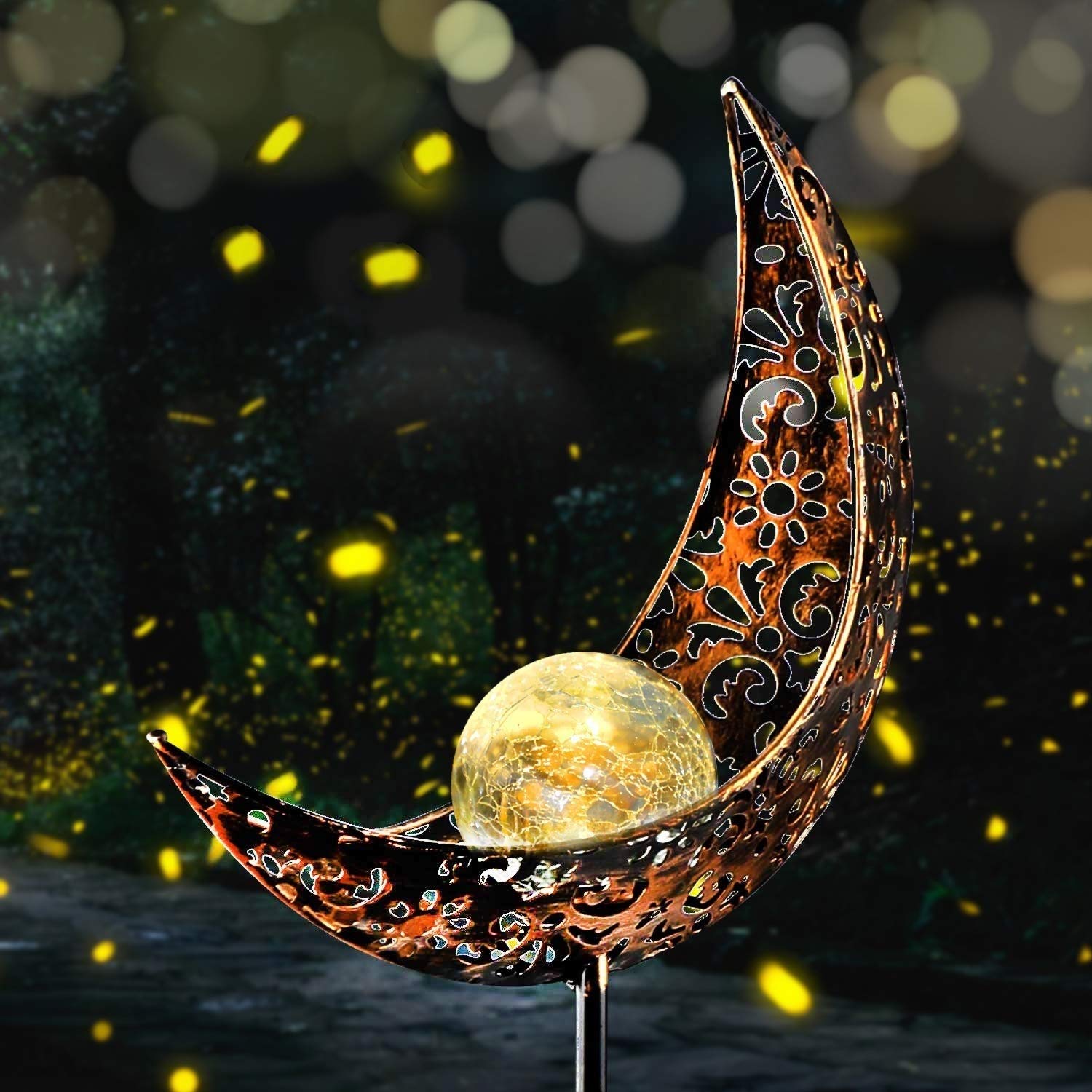 Solar Powered Moon Light Outdoor Garden Decor - Waterproof Crackle Glass Globe Metal Stake Lights for Lawn, Patio, Yard & Pathway - Perfect for Romantic Nights, Landscape Lighting & Backyard Ambiance