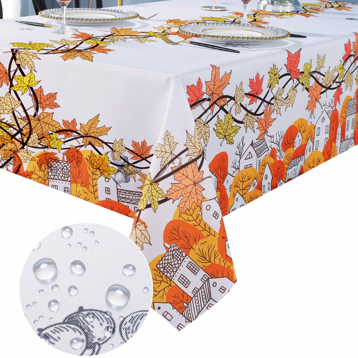 Spill-Proof Polyester Maple Leaf Tablecloth for Rectangle Tables - Washable Harvest & Thanksgiving Dining Decor (60