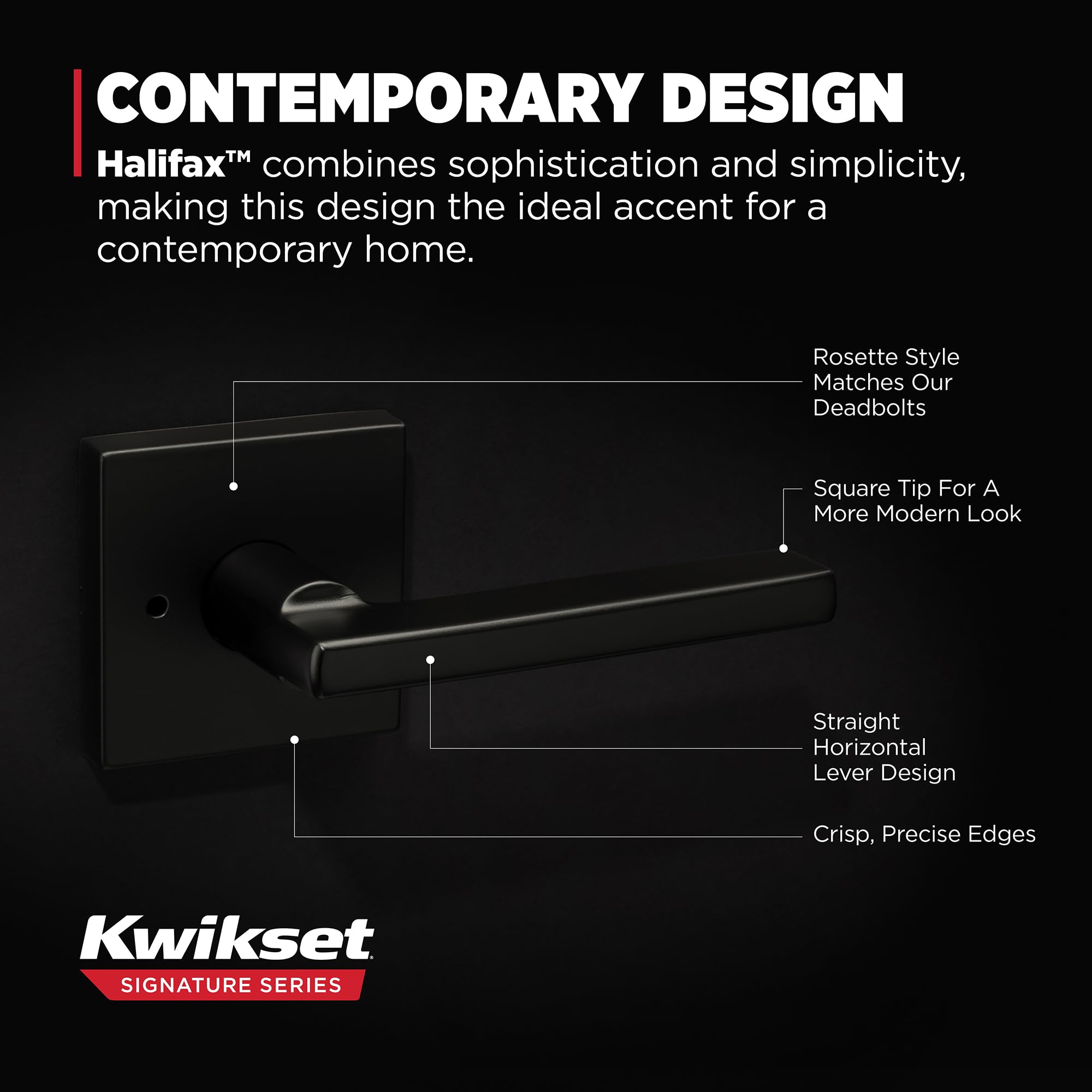 Kwikset Halifax Matte Black Interior Privacy Door Handle with Reversible Keyless Push Button Lock - Microban Protected Square Rose Lever for Bathroom, Bedroom & Closet Doors - Perfect for Home Security & Privacy Needs