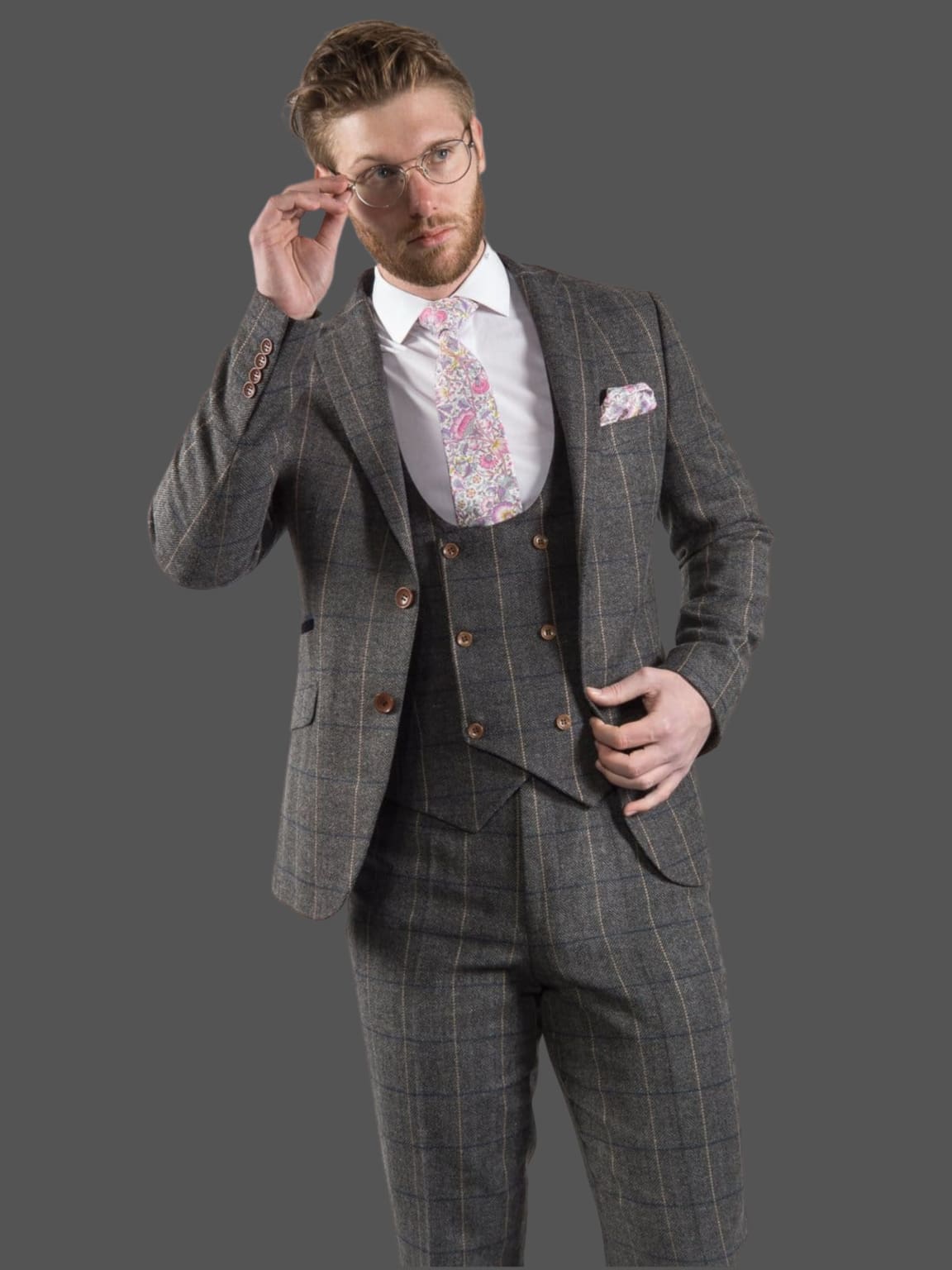Ezra Men's Grey Herringbone Slim Fit 3 Piece Tweed Suit | Formal Business Attire | Wedding, Office & Special Occasion Outfit