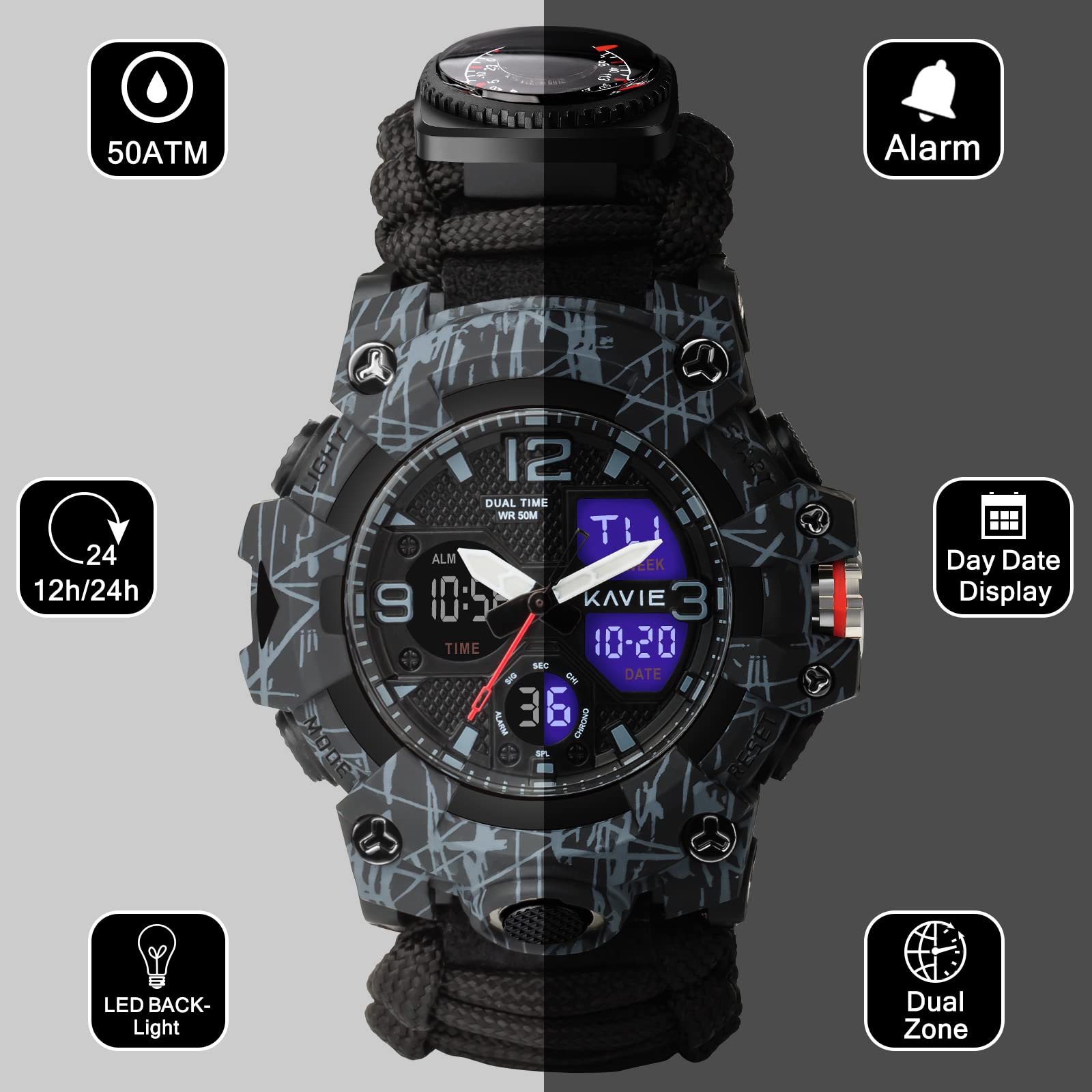 23-in-1 Survival Military Digital Watch for Men - Tactical Multi-Functional Outdoor Sports Watch with Compass, Paracord Band, Dual Dial & Waterproof Design - Perfect for Hiking, Camping, Hunting and Adventure Activities