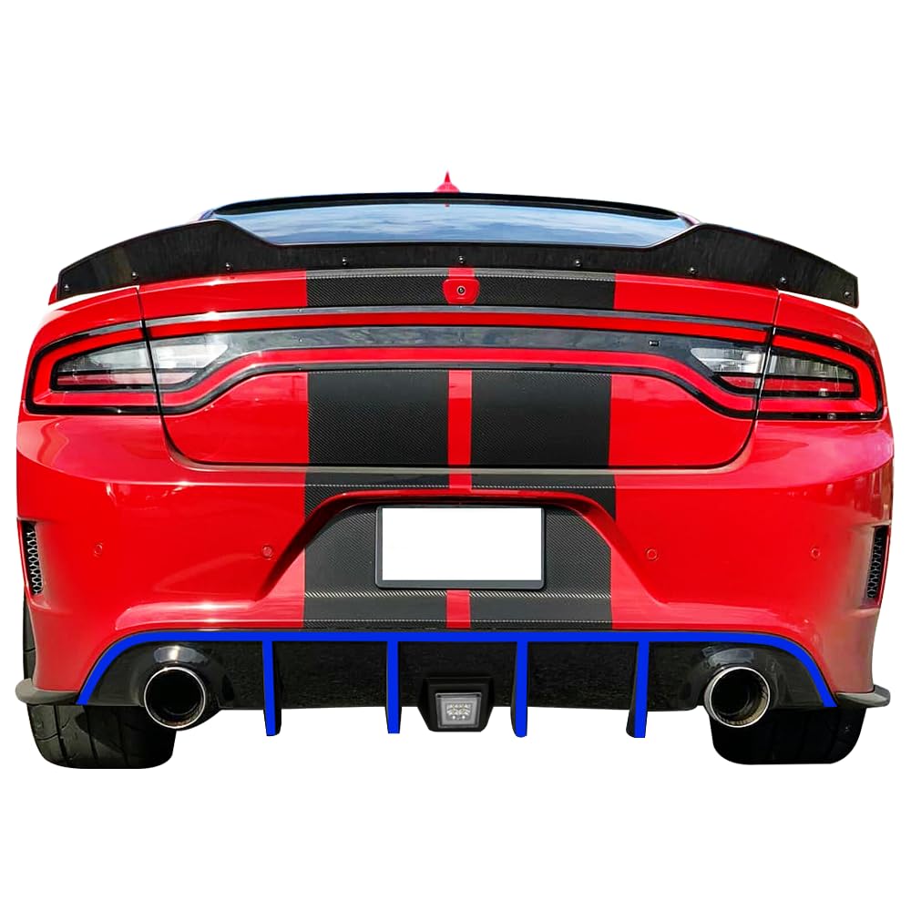IKON MOTORSPORTS Rear Bumper Lip Diffuser with LED Brake Light & Blue Reflective Tape for 2015-2023 Dodge Charger SRT - Upgrade Your Car's Aerodynamics & Style for Street Racing & Show Car Events