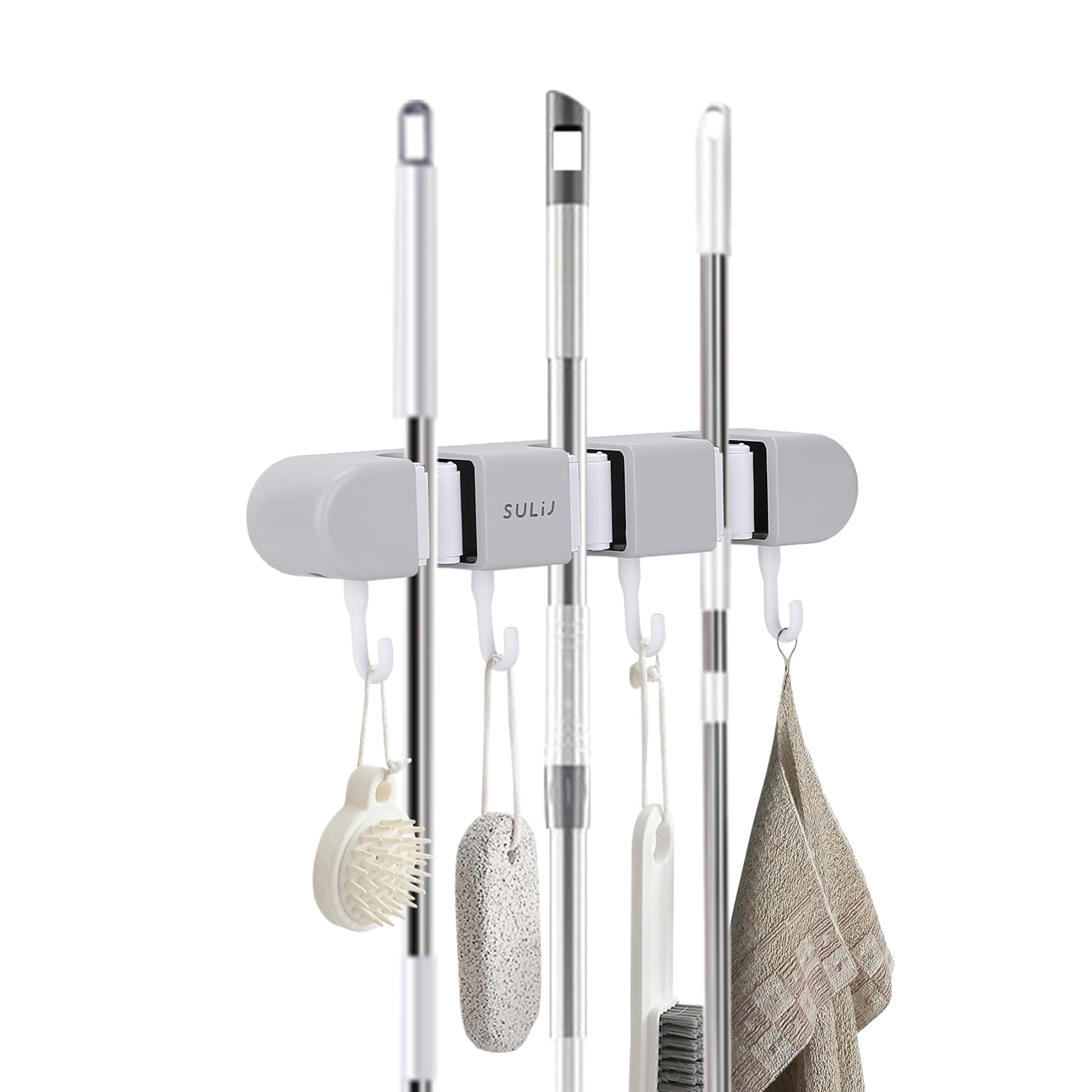Heavy Duty Broom Holder with 3 Slots & 4 Hooks - Wall Mounted Garden Tool Organizer for Home, Laundry Room, Kitchen, Closet, Shed & Garage Storage - Space Saving Grey Broom Hanger for Mops, Rakes & Cleaning Supplies