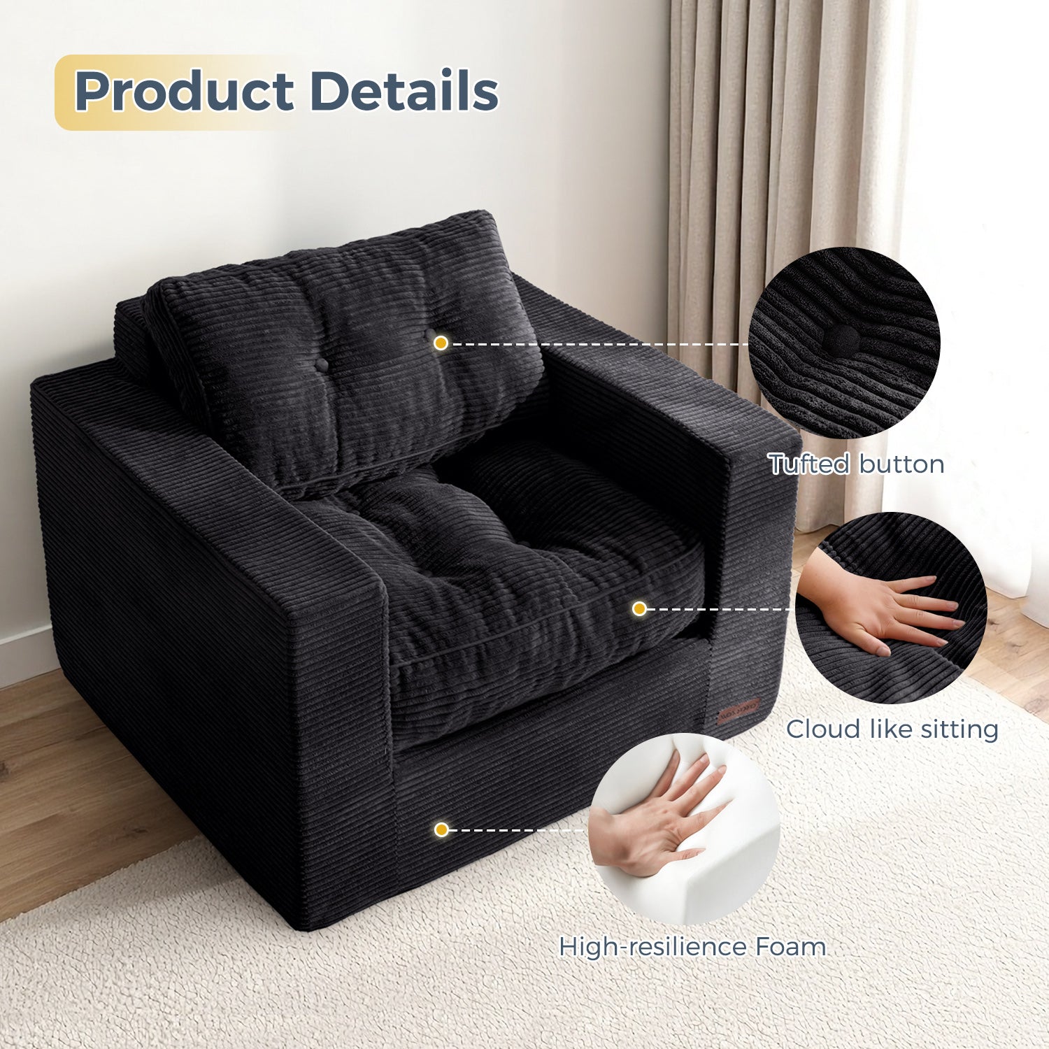 MAXYOYO Bean Bag Sofa Chair - Tufted Loveseat Boneless Couch with Removable Cushion & Backrest, Black | Comfortable Floor Seating for Living Room, Bedroom, Game Room & Dorm