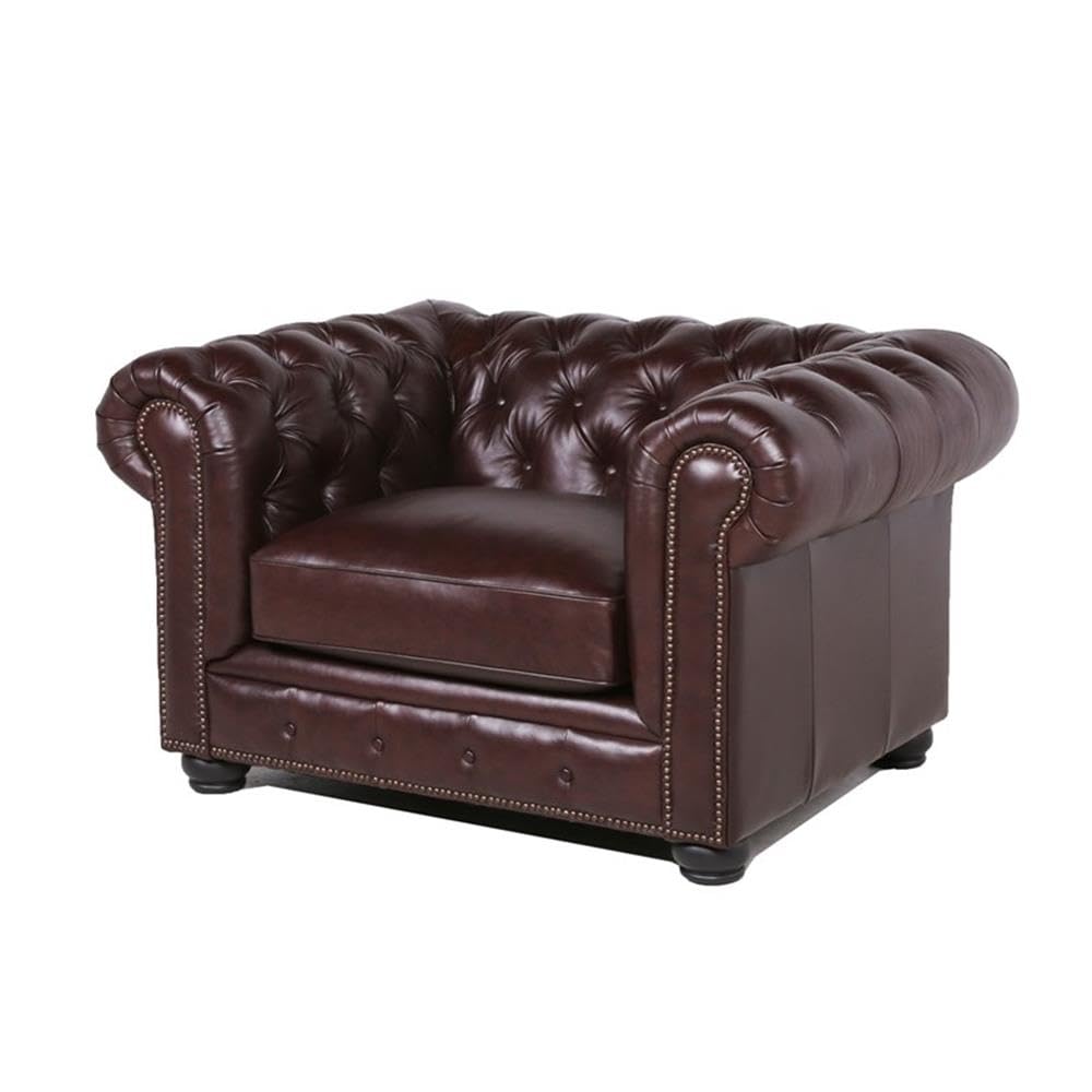 Luxury Brown Leather Chesterfield Accent Chair and Sofa 2-Piece Set for Living Room - Classic Home Square Furniture for Office, Lounge & Library Decor