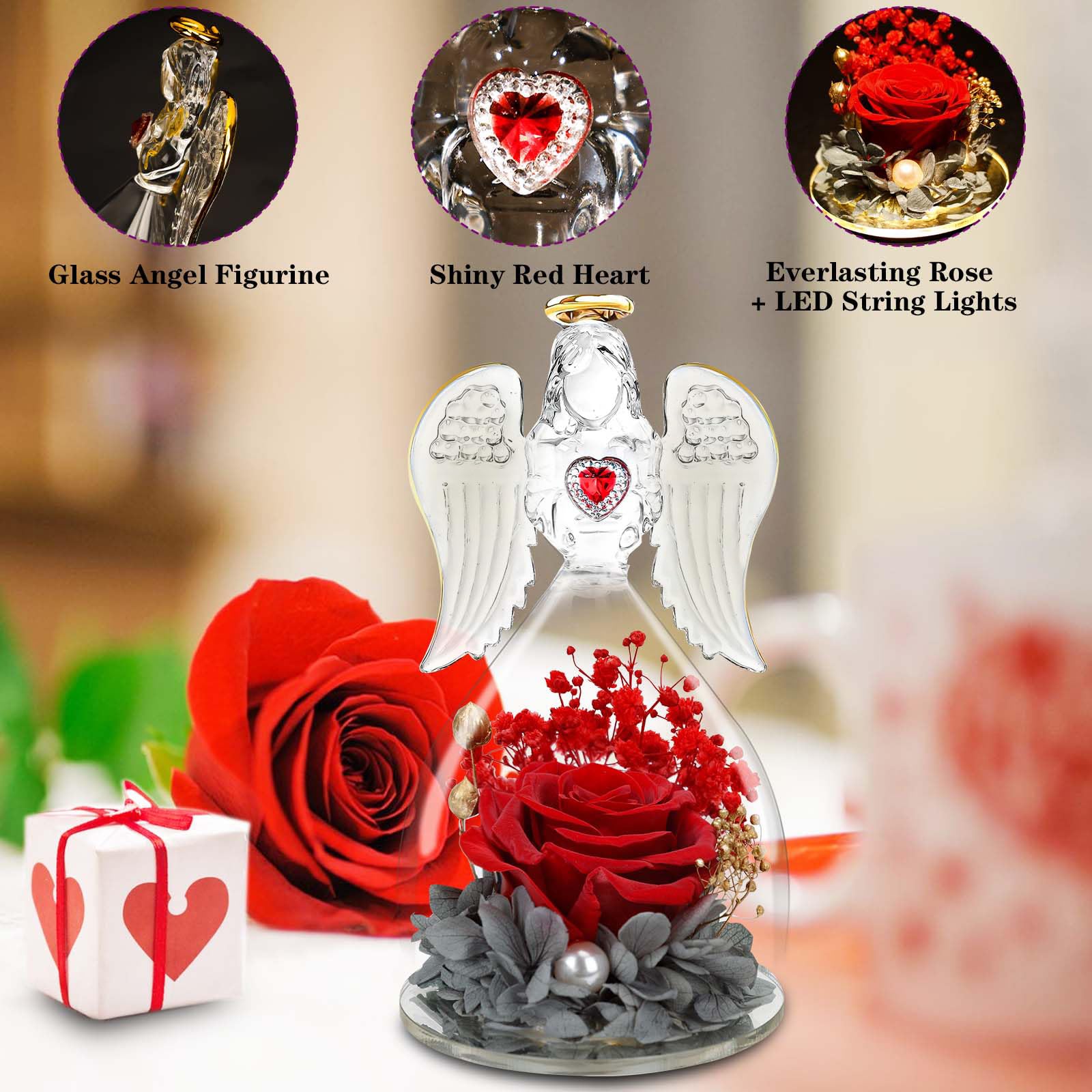 Real Rose Preserved in Glass Angel Figurine - Eternal Flower Gift for Mother's Day, Birthday, Anniversary - Perfect Present for Mom, Grandma, Wife from Daughter (Red) | Home Decor, Wedding Centerpiece, Keepsake Display