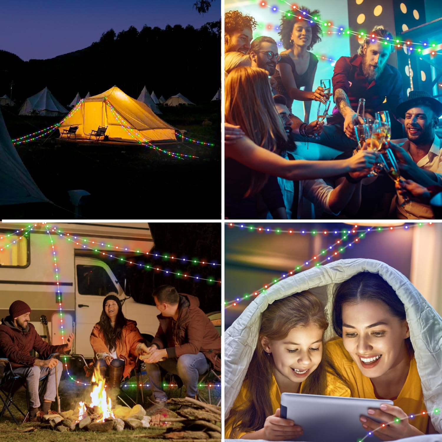 HAMLITE 3-in-1 Rechargeable Camping String Lights - 29.5Ft RGB Outdoor Fairy Lights with Multiple Modes & Brightness, USB Powered RV Awning Lights for Camping Tent, Camper, Yard, Patio, and Backyard Decor