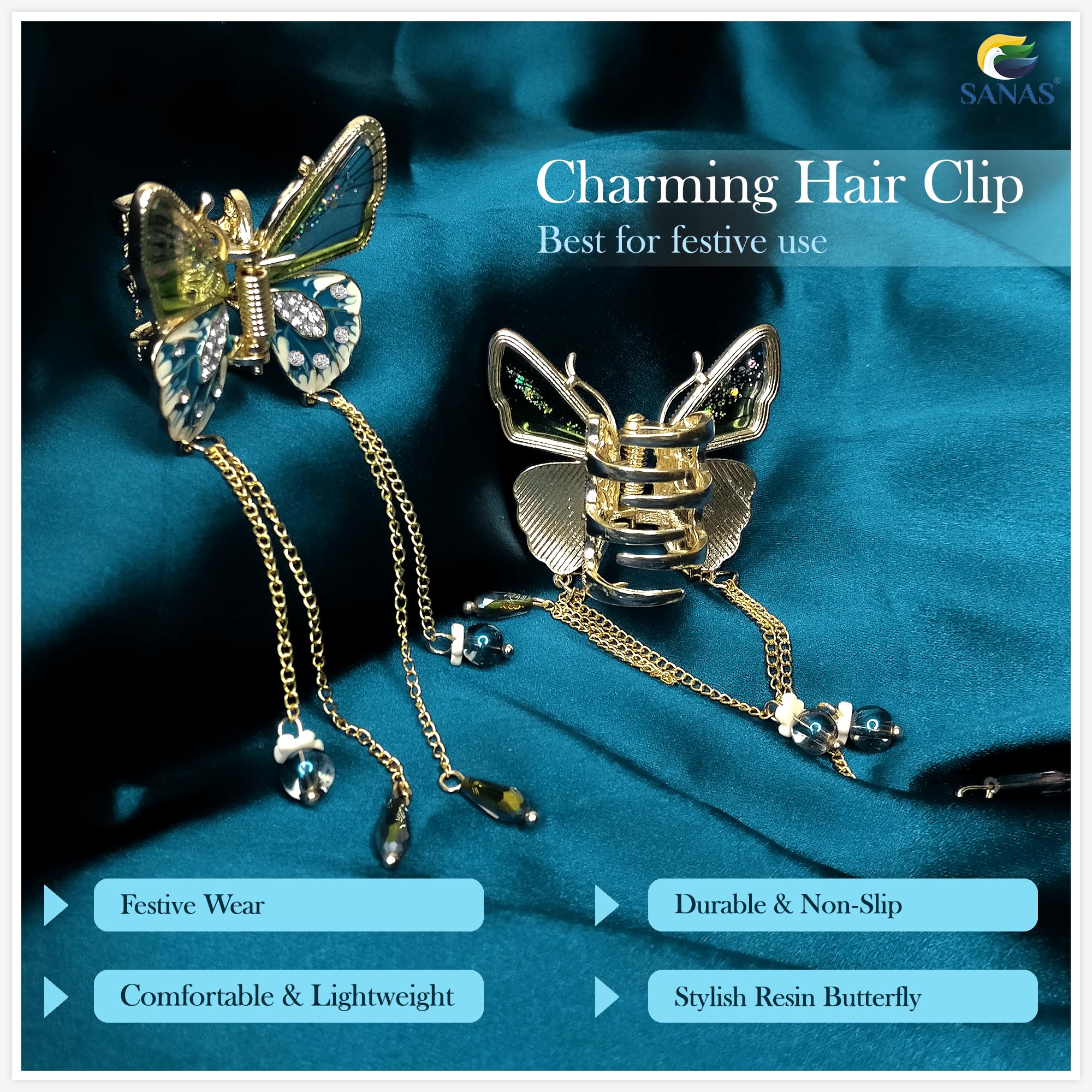 Sanas Rhinestone Butterfly Hair Clip for Women - Elegant Tassel Hair Accessory for Parties, Weddings & Everyday Style (White, 1Pc)