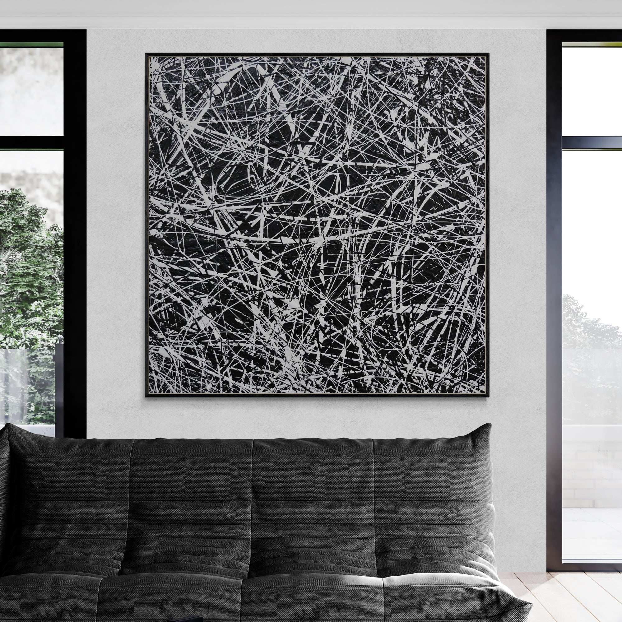 150cm x 150cm Black and White Textured Abstract Canvas Art Painting - Modern Frozen Square Design for Living Room, Bedroom, Office Wall Decor