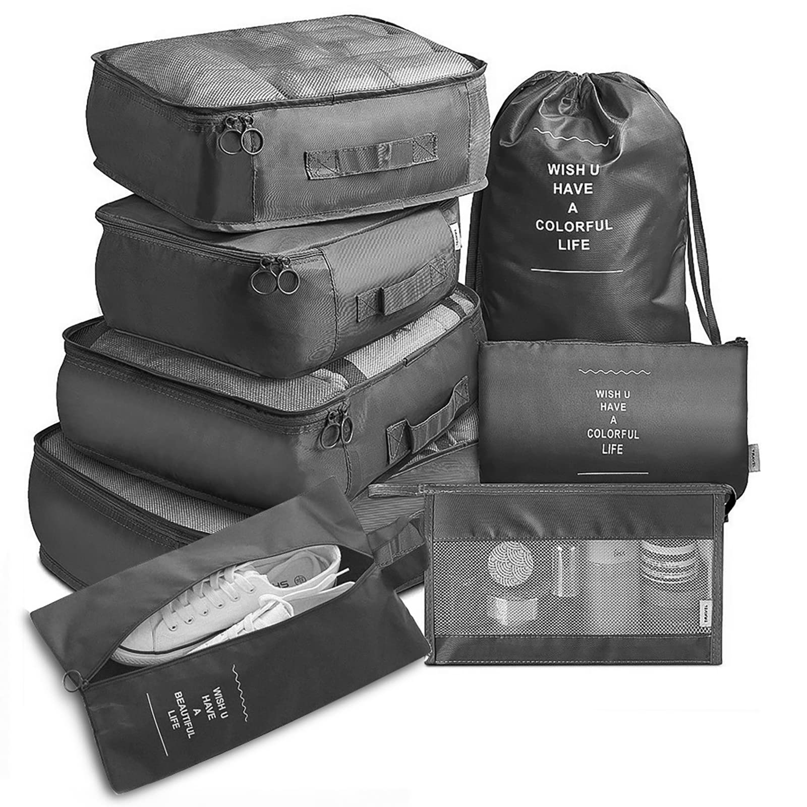 Yolispa 8-Piece Packing Cubes Set for Suitcases - Travel Organizer Bags for Luggage with Toiletry Bag, Shoe Bag & Underwear Bag - Perfect for Women & Men Travel Accessories | Ideal for Business Trips, Vacations & Weekend Getaways