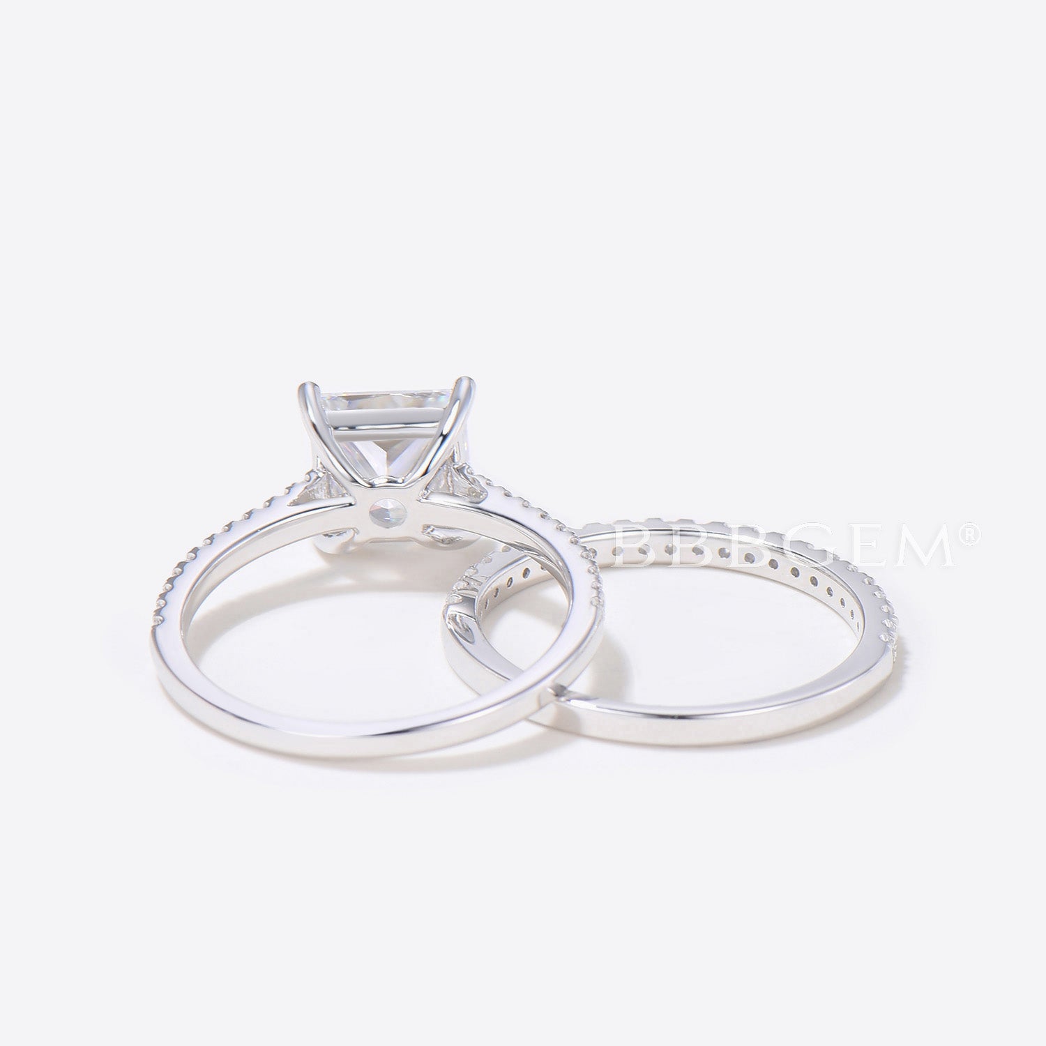2 Carat Princess Cut Moissanite Engagement Ring Set with Diamond Wedding Band in 14k White Gold, Art Deco Half Eternity Style - Perfect for Proposals, Anniversaries & Bridal Jewelry