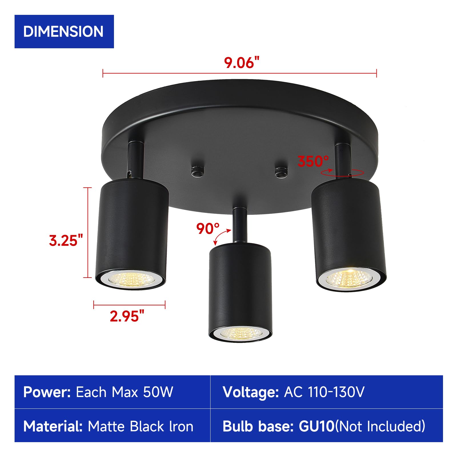 EGM Adjustable 3-Light Black Round Track Ceiling Spotlight - GU10 Flush Mount Directional Lighting Fixture for Kitchen, Bedroom, Office & Picture Wall - Perfect for Modern Home & Commercial Spaces (Black 3-Light)
