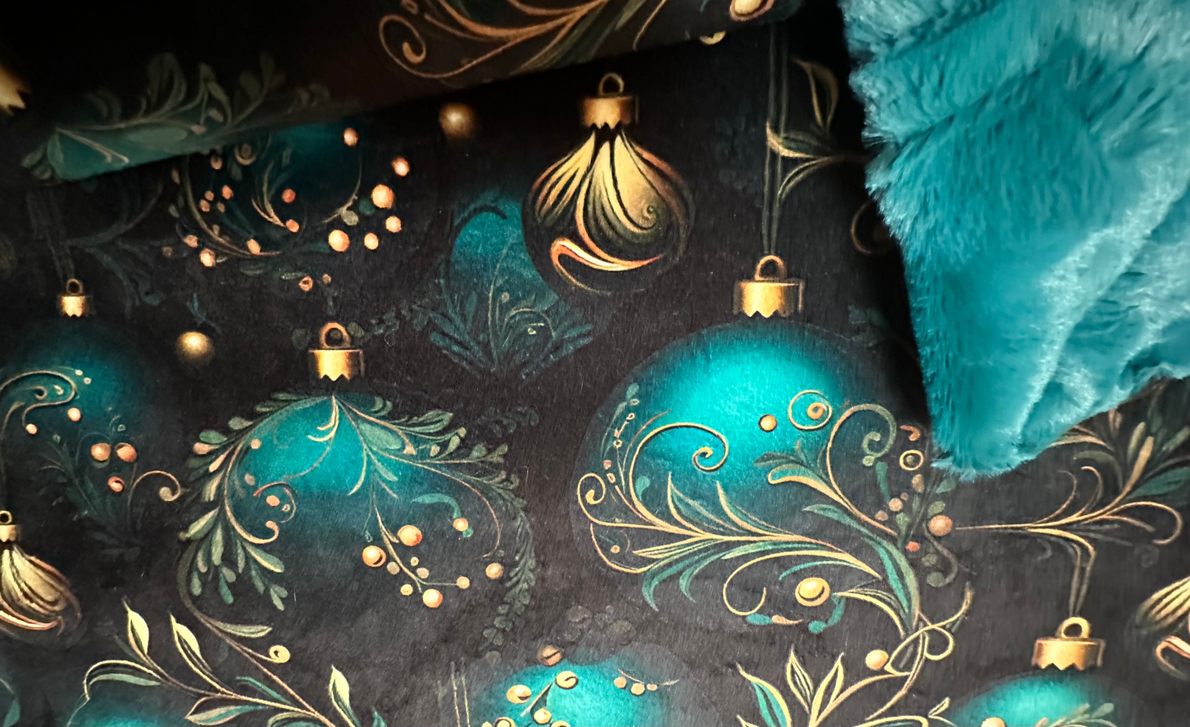 Teal and Gold Christmas Ornaments Wide Large 61x77 Minky Blanket with 15x24 Pillowcase - Soft Holiday Decor for Bedroom, Living Room & Cozy Gift