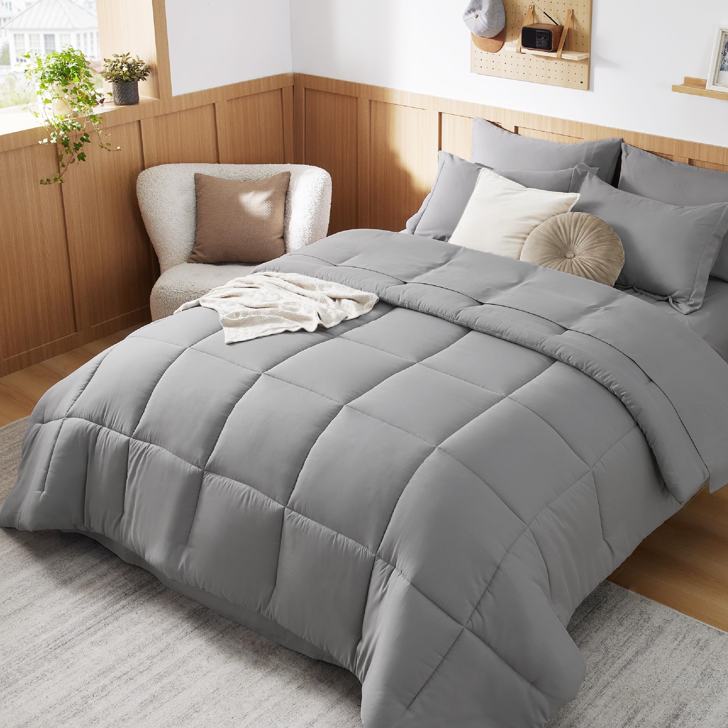 Bedsure Grey 7-Piece Queen Comforter Set - Soft Solid Bed in a Bag Includes Comforter, Sheets, Pillowcases & Shams | Perfect for Cozy Bedroom Decor & Guest Room Essentials