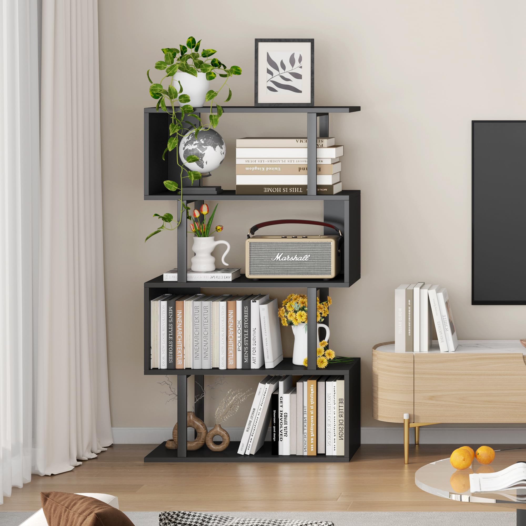 Yusong Geometric Bookcase - 4-Tier S-Shaped Bookshelf for Bedroom & Home Office, Modern Wooden Display Shelf for Books & Decor, Black - Perfect for Small Spaces & Stylish Storage Solutions