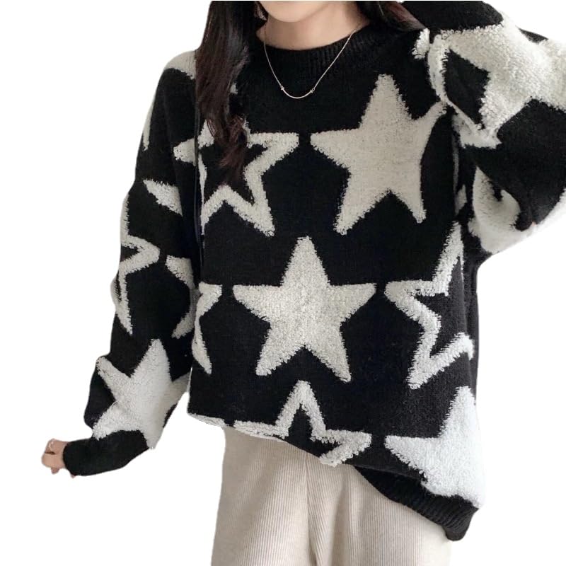 CYee Y2K Baggy Sweater - Vintage Emo Goth Star Pullover Top for Women | Fairy Grunge Alternative Streetwear | Perfect for Concerts, Downtown Outings & Coquette Aesthetic Fashion