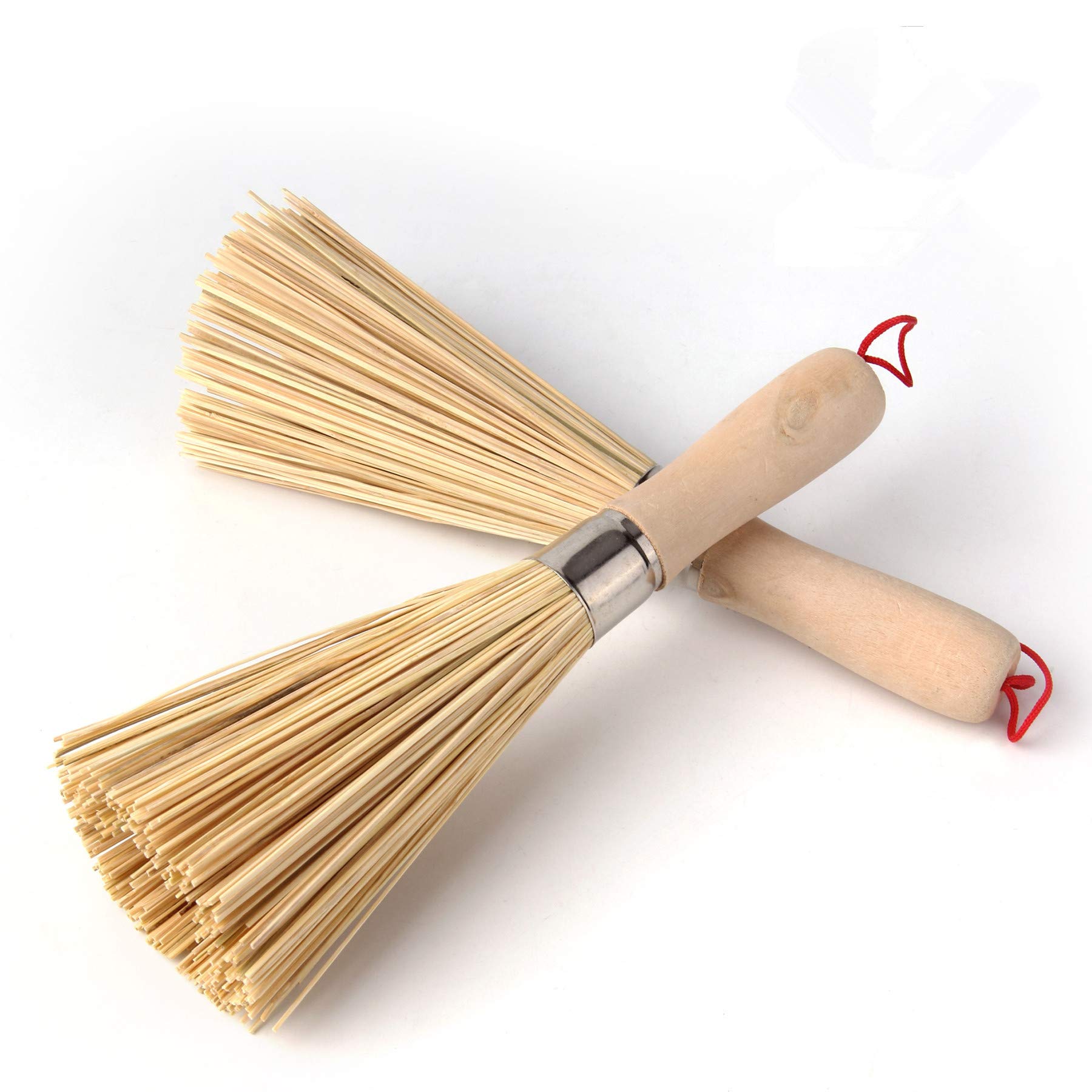 2 Pack Bamboo Wok & Pot Brush Set - Natural Wooden Handle Cleaning Brushes for Non-Stick Pans, Cast Iron Cookware, Pots and Skillets - Perfect for Kitchen, Camping and Outdoor Cooking